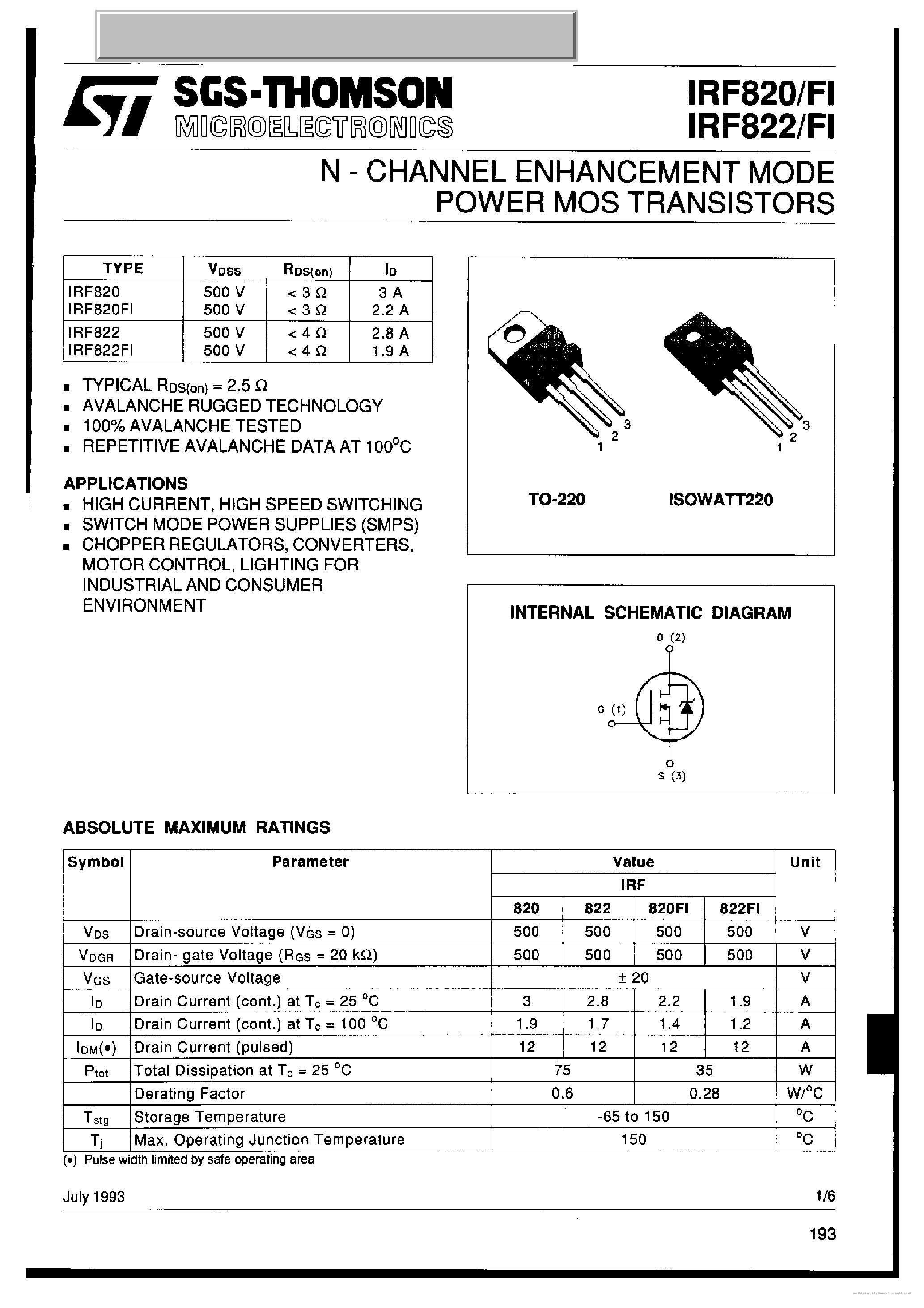 Datasheet IRF820 page 1 Datasheet IRF820 - page 1
