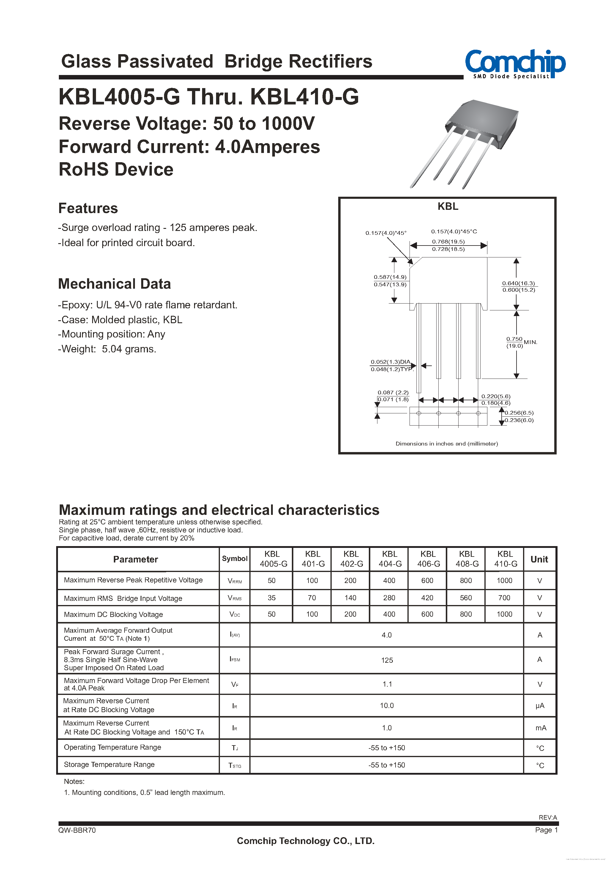 Datasheet KBL4005G-G page 1 Datasheet KBL4005G-G - page 1