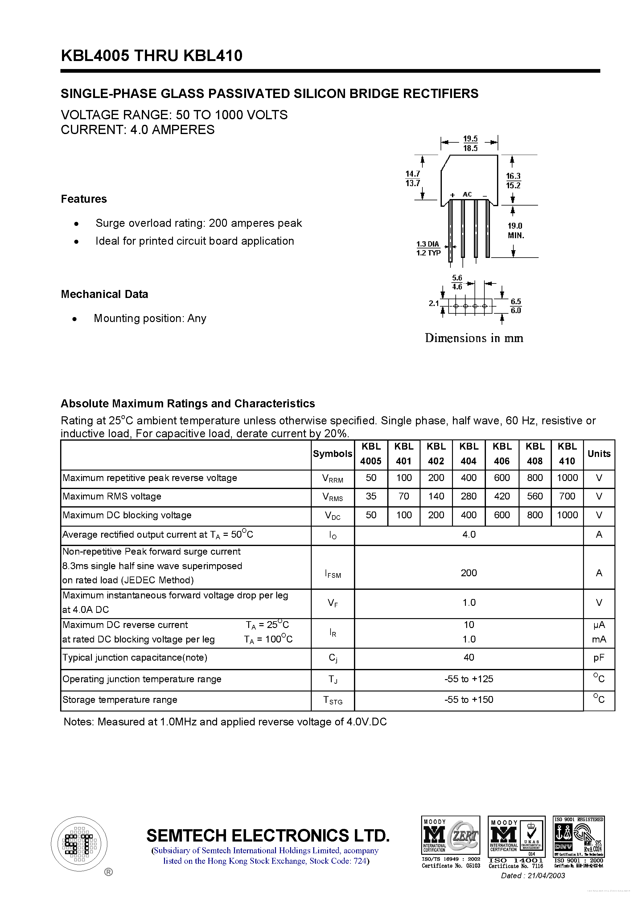 Datasheet KBL4005 page 1 Datasheet KBL4005 - page 1