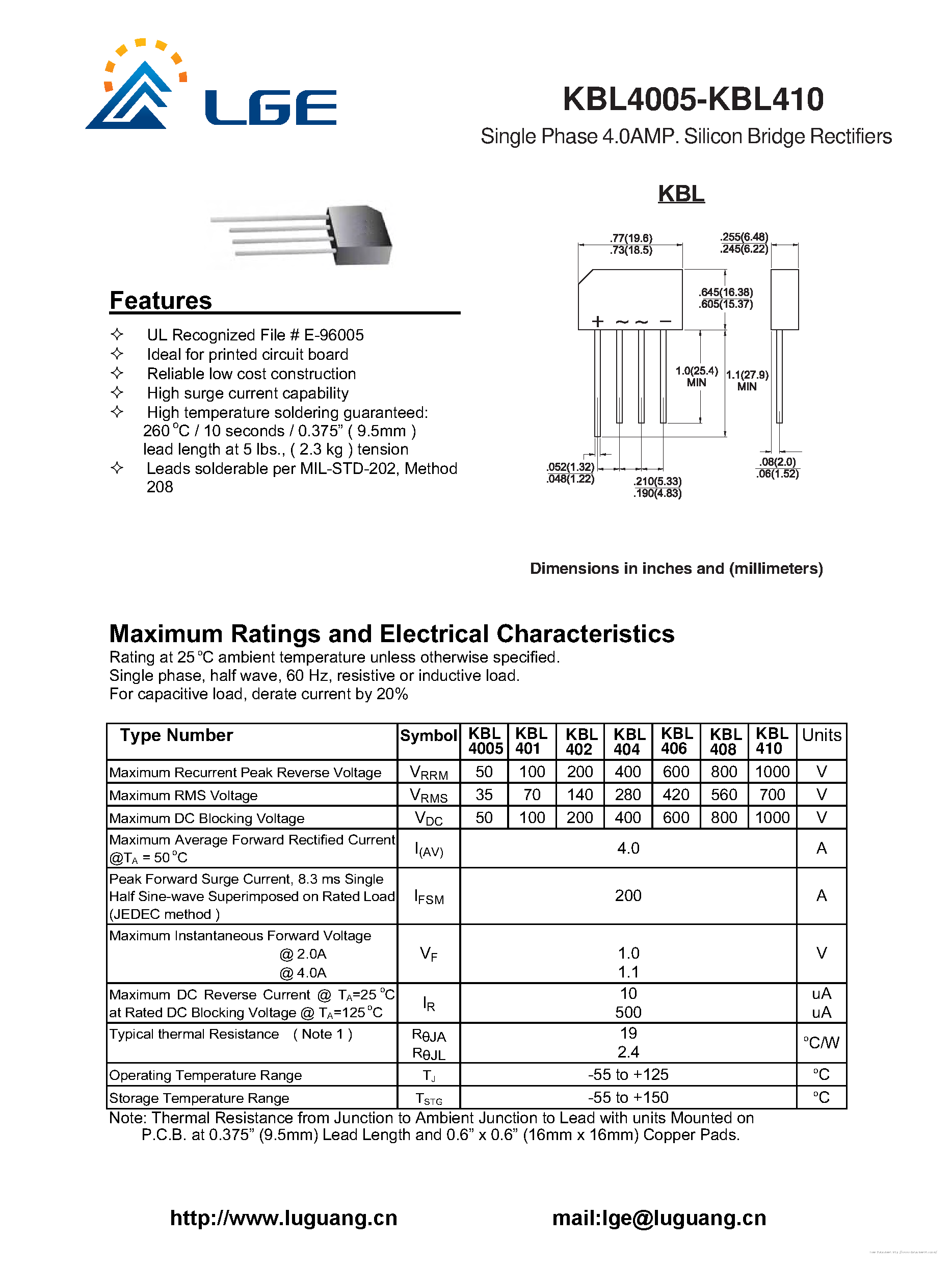 Datasheet KBL4005 page 1 Datasheet KBL4005 - page 1