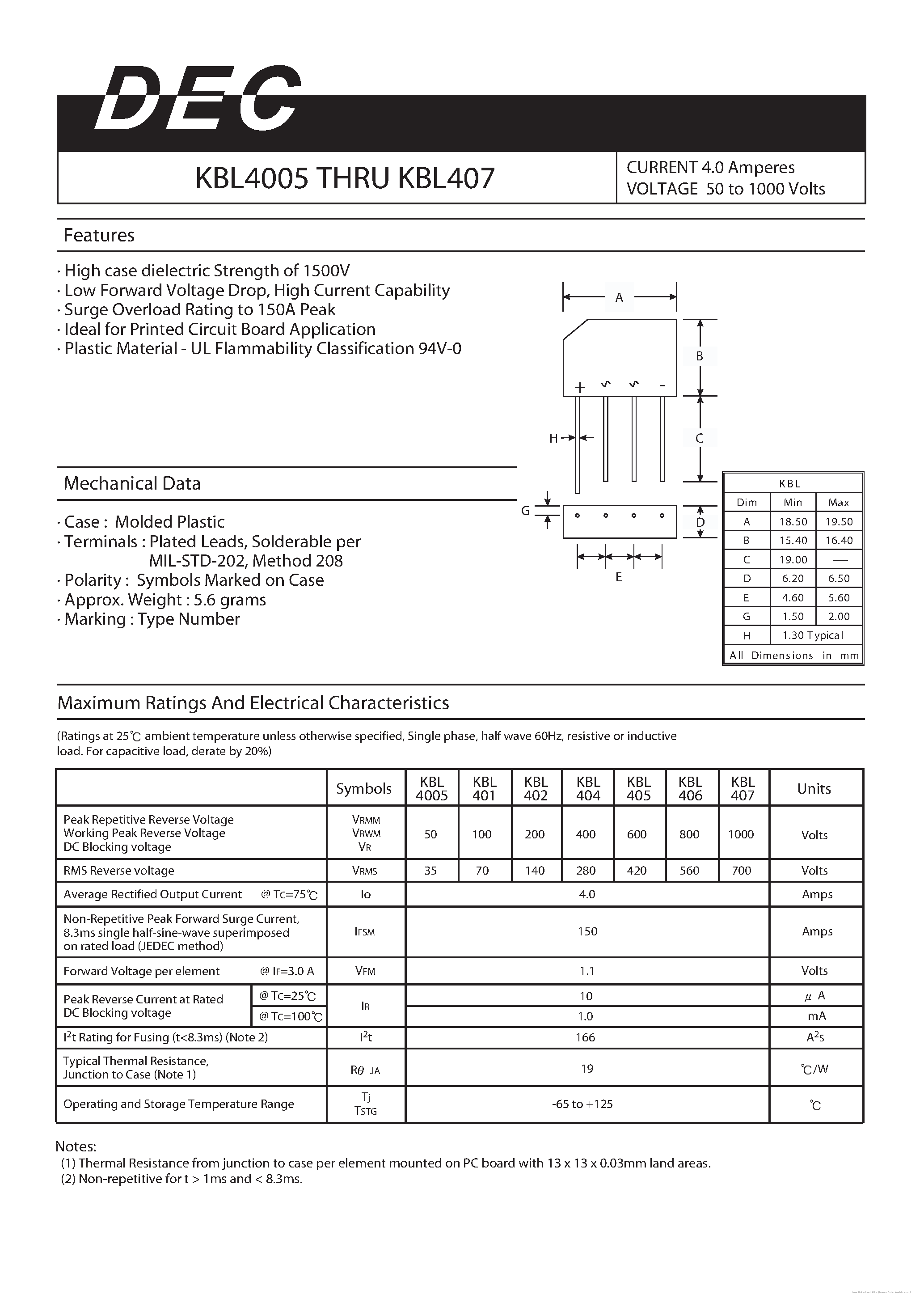 Datasheet KBL4005 page 1 Datasheet KBL4005 - page 1