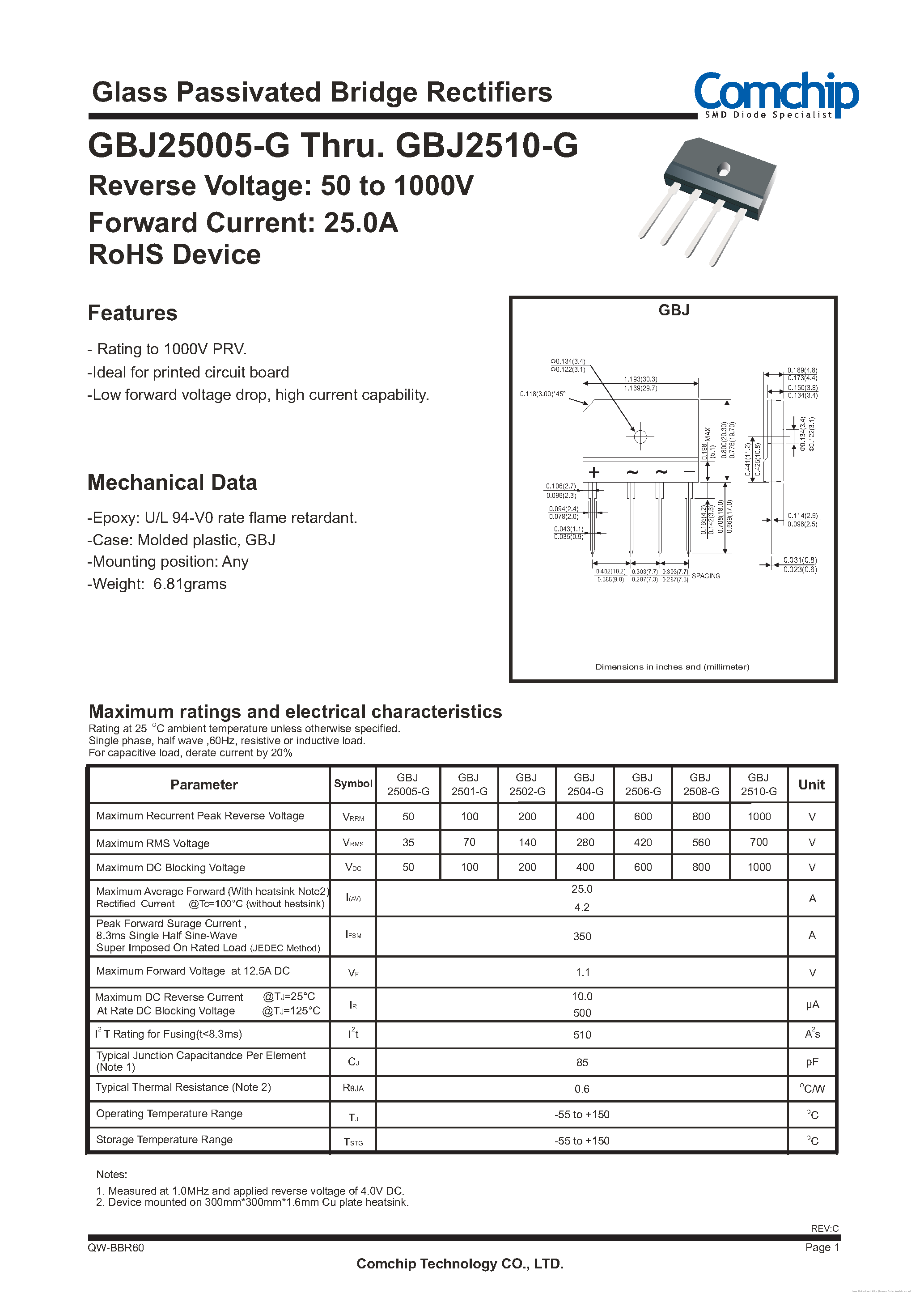 Даташит GBJ25005-G - страница 1