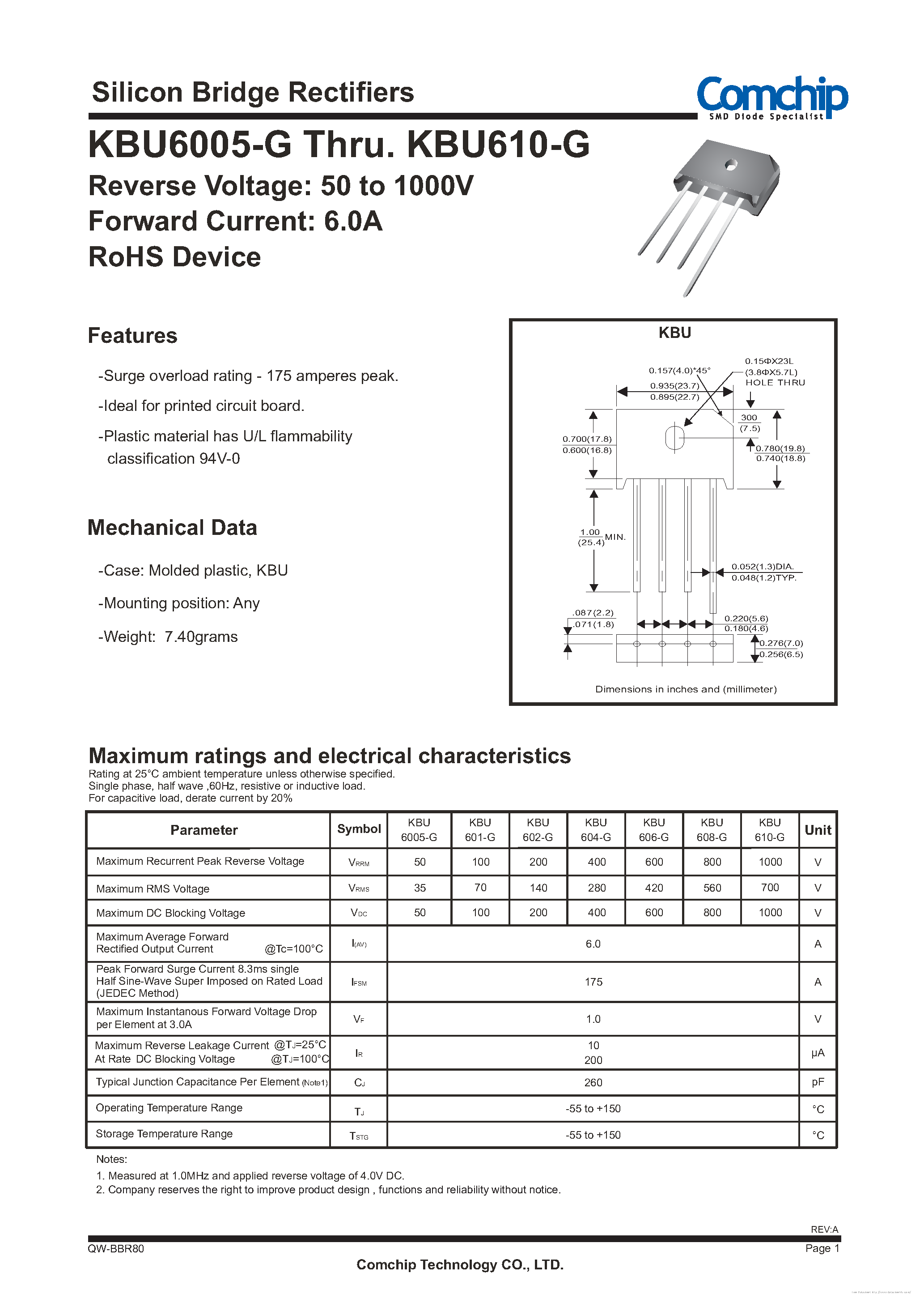 Даташит на микросхему KBU6005-G страница 1 Даташит KBU6005-G - страница 1