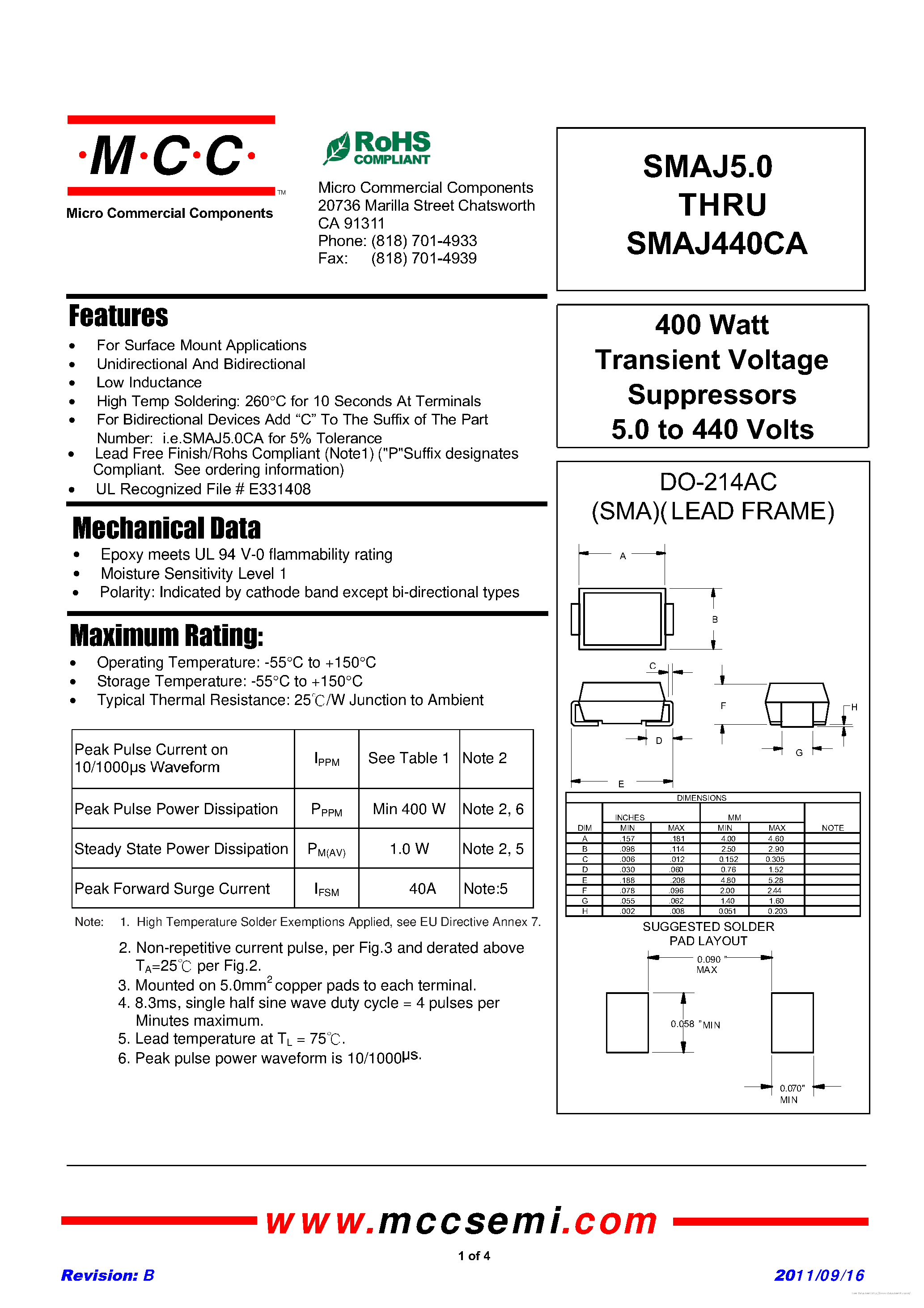 Datasheet SMAJ100A - page 1