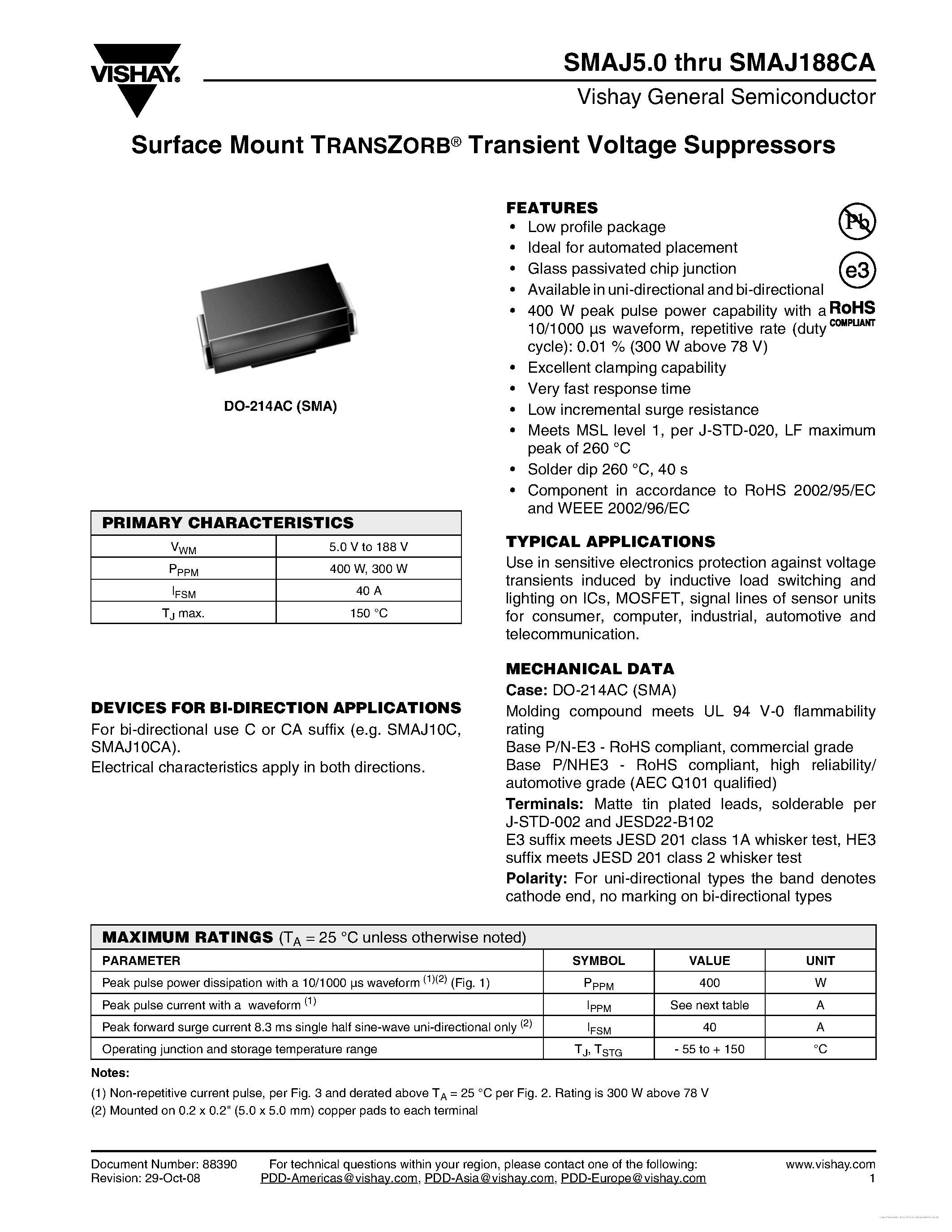Datasheet SMAJ10 - page 1