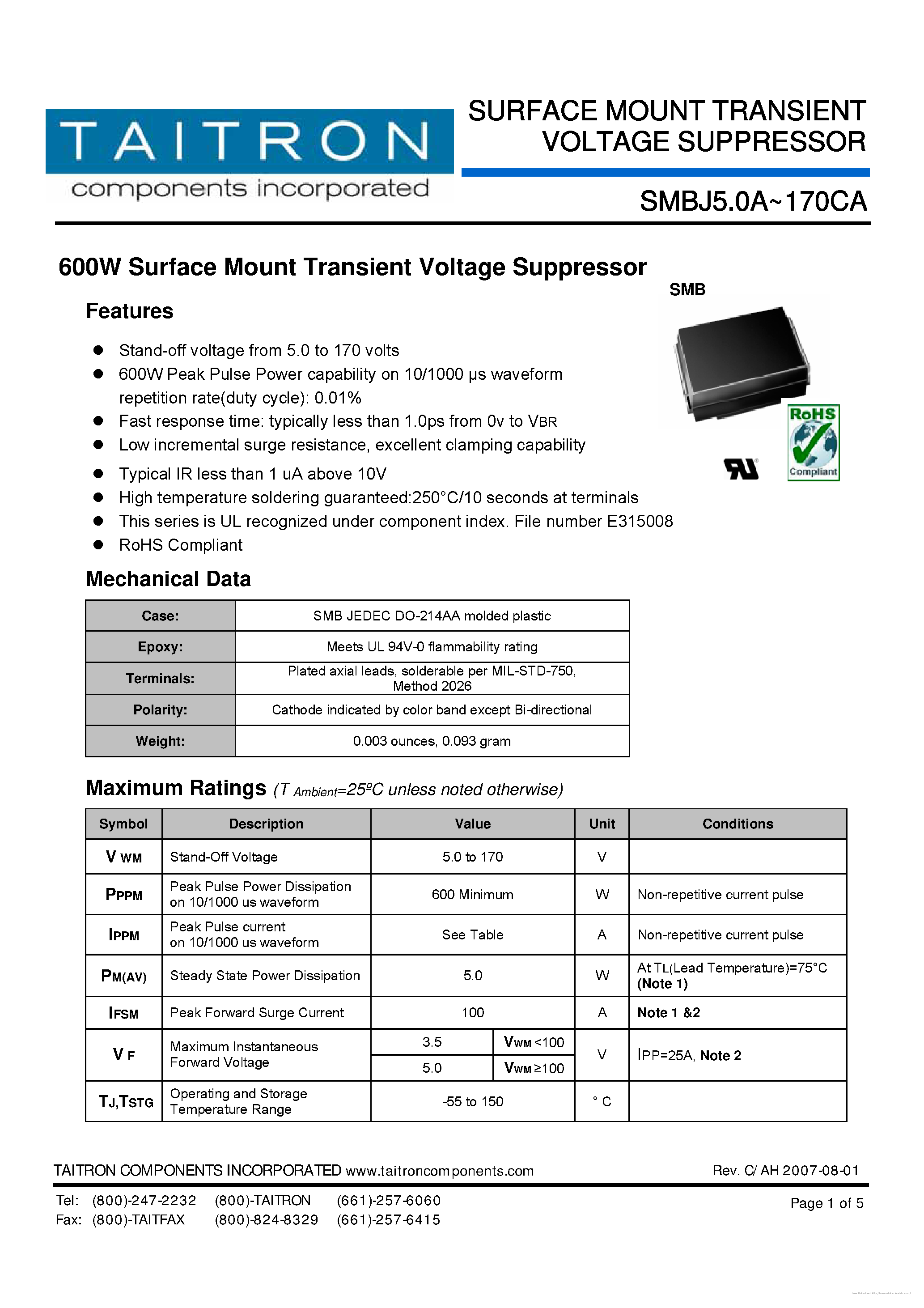 Datasheet SMBJ100A - page 1