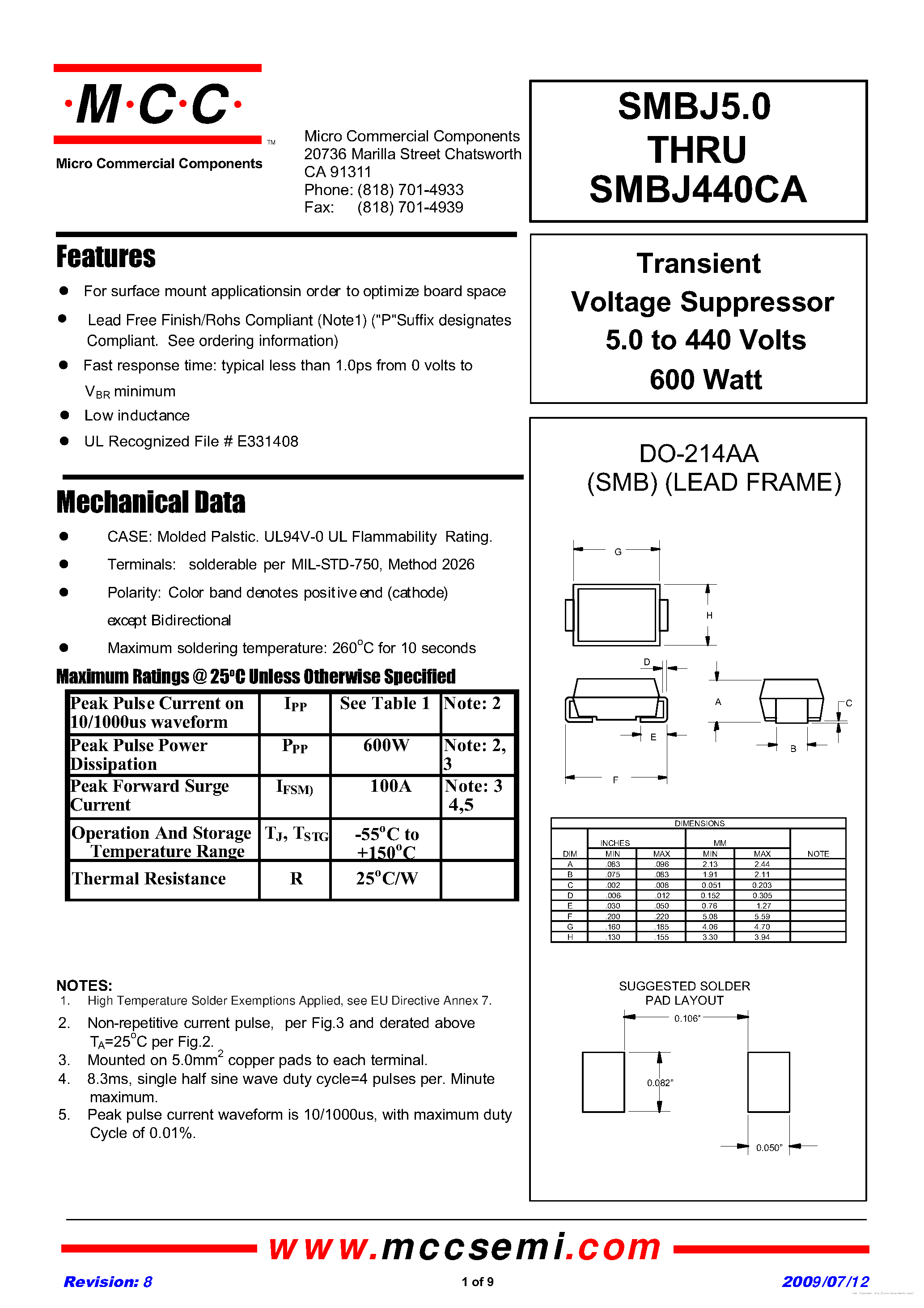 Datasheet SMBJ10 - page 1