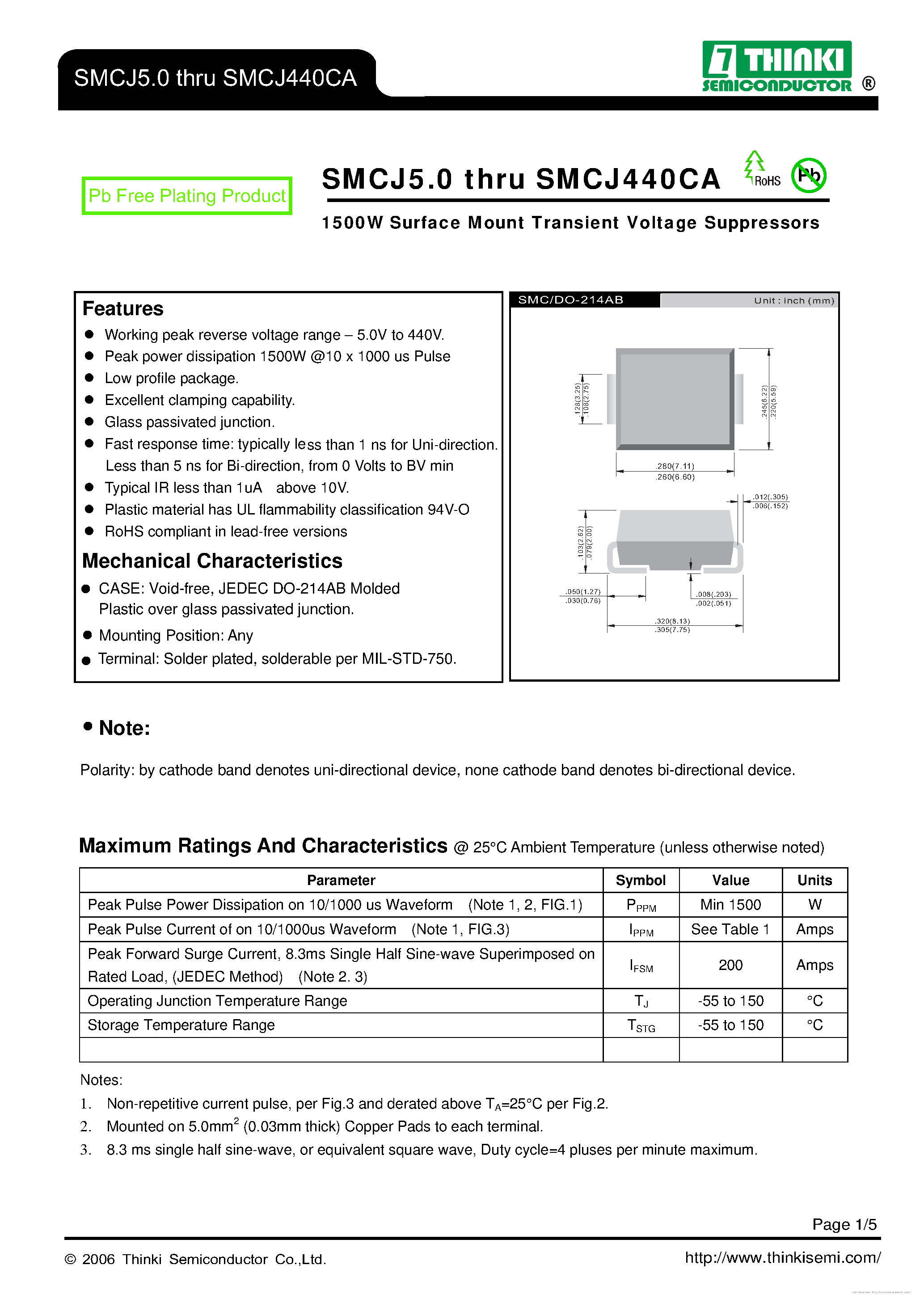 Datasheet SMCJ10 - page 1