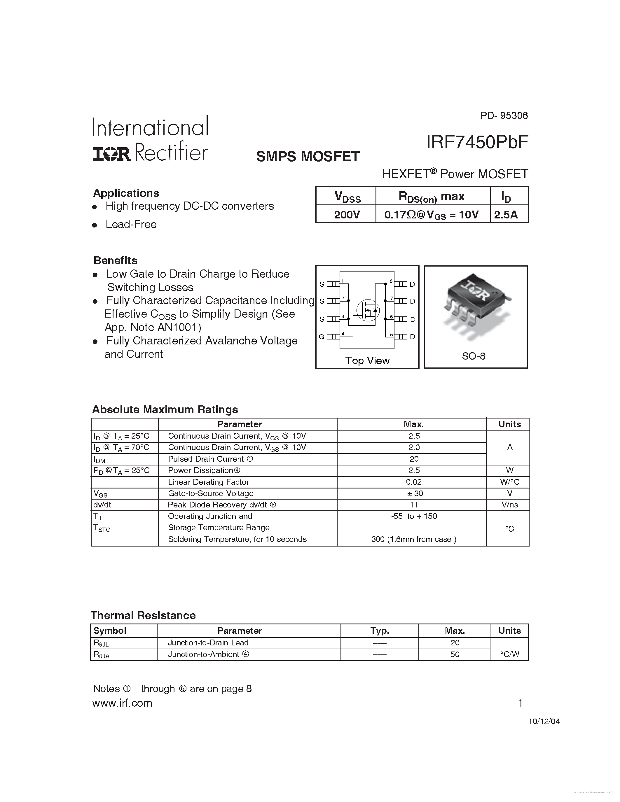 Datasheet IRF7450PBF page 1 Datasheet IRF7450PBF - page 1