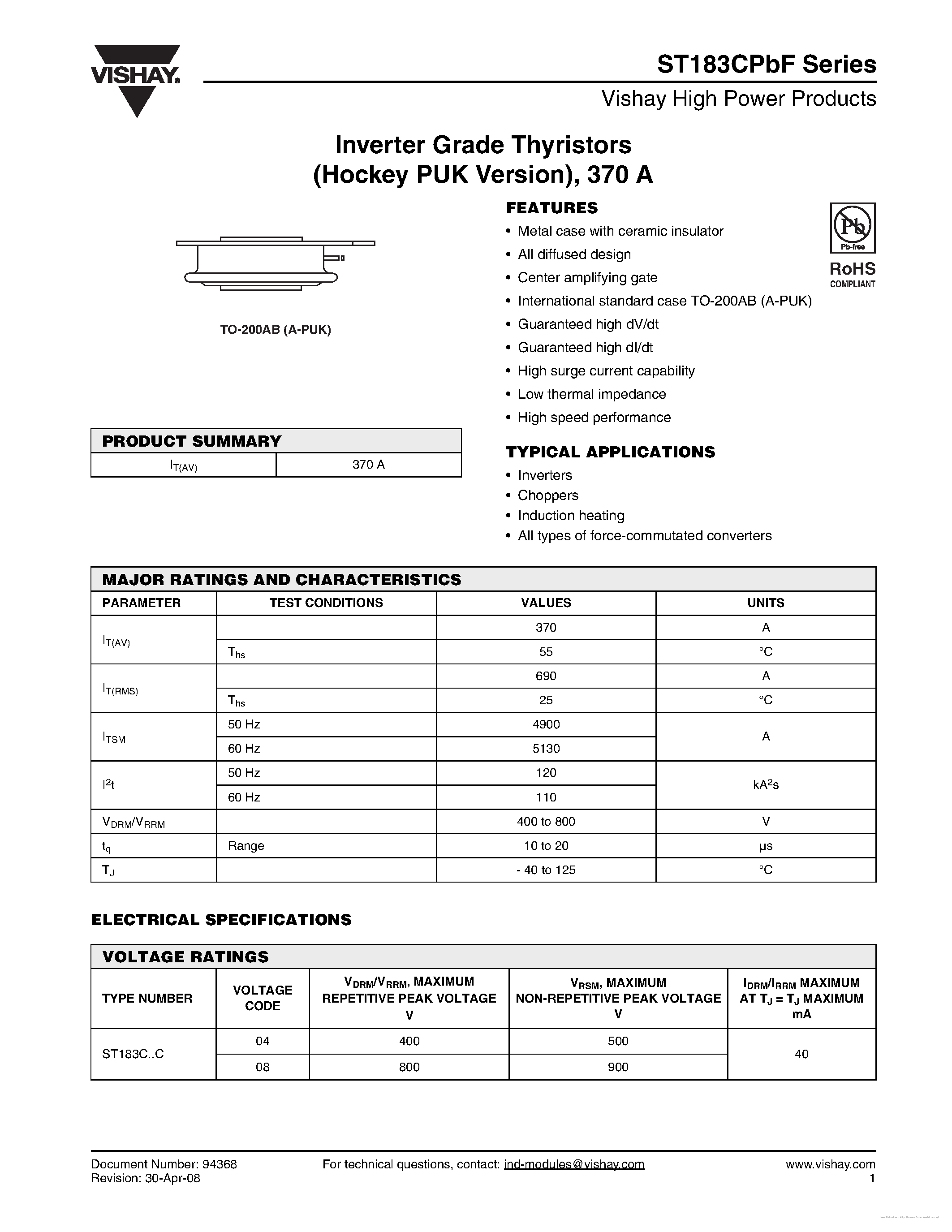 Datasheet ST183CPBF - page 1