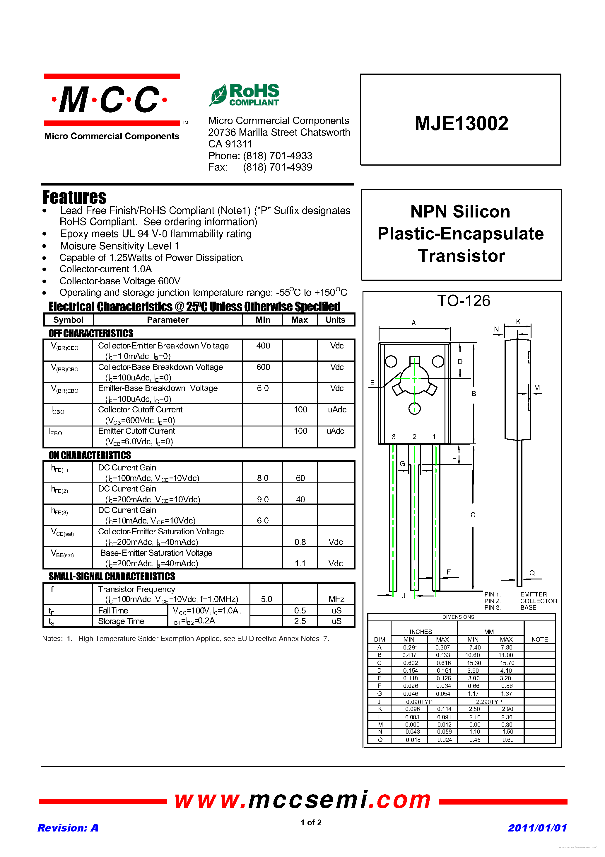 Даташит на микросхему MJE13002 страница 1 Даташит MJE13002 - страница 1