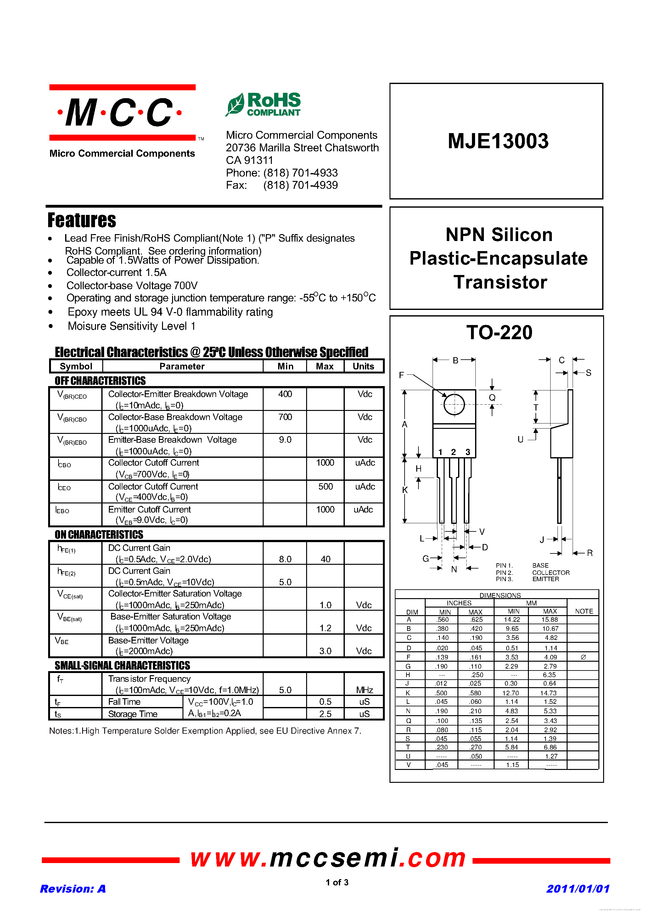 Datasheet MJE13003 - page 1