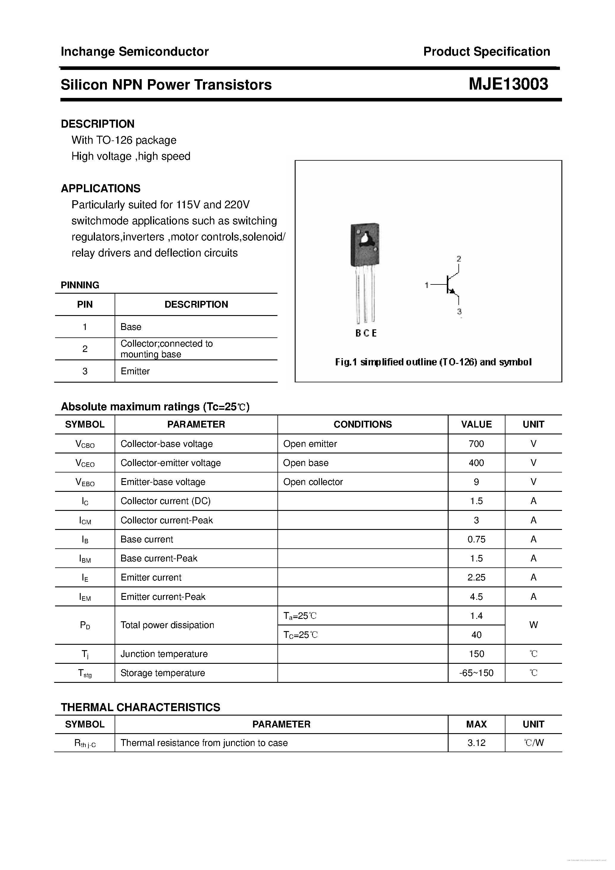 Datasheet MJE13003 - page 1