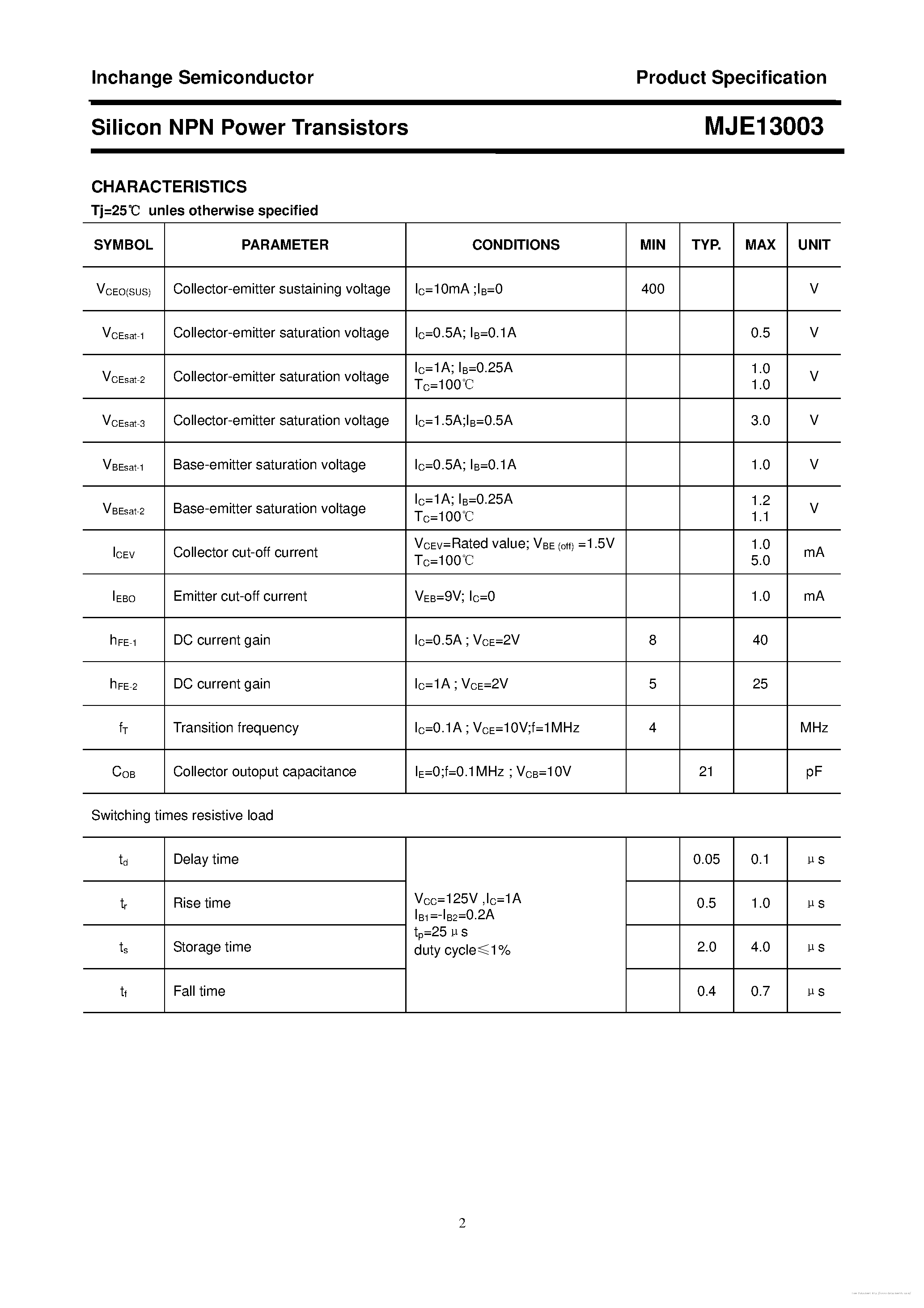 Datasheet MJE13003 - page 2