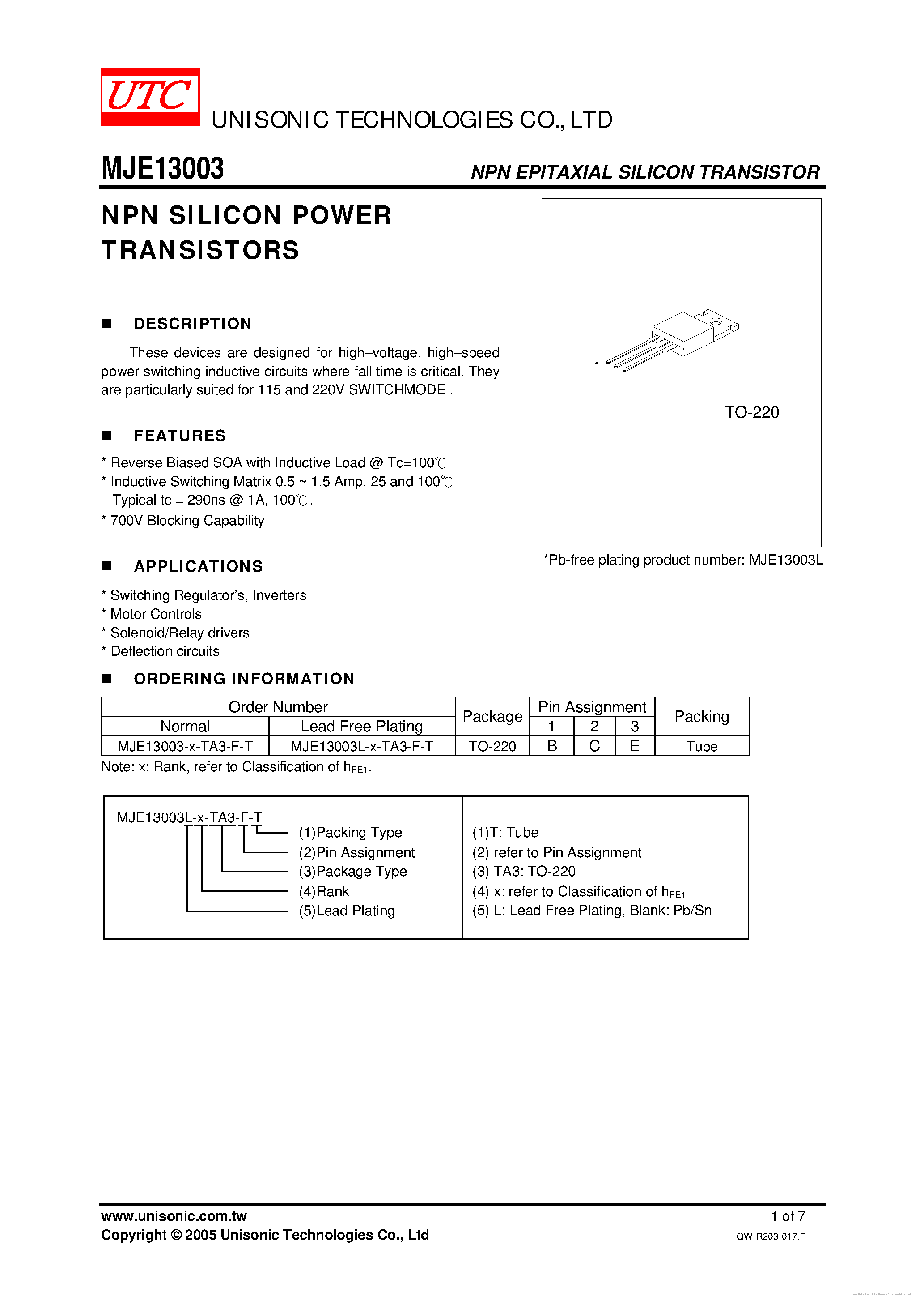 Даташит на микросхему MJE13003 страница 1 Даташит MJE13003 - страница 1