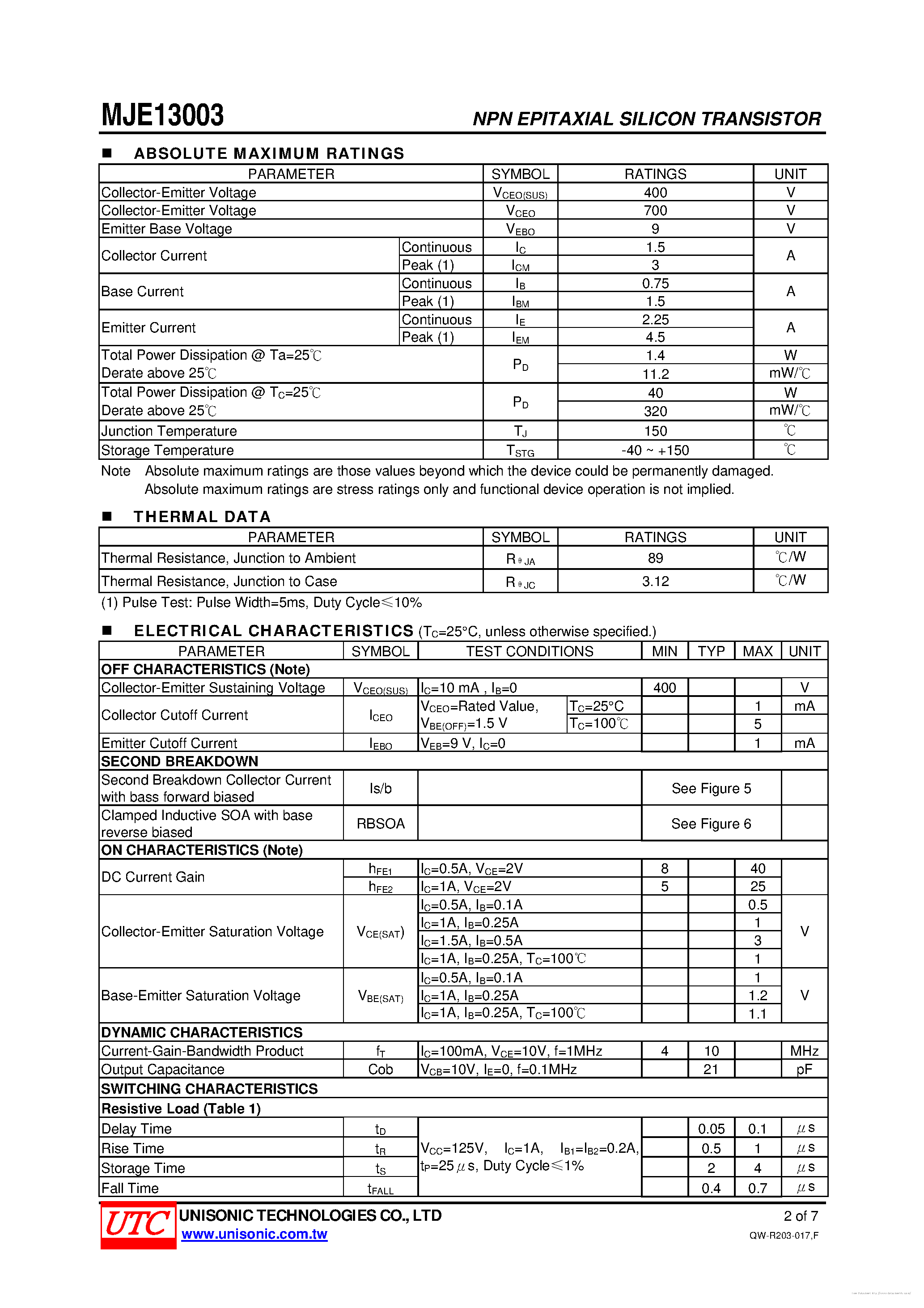 Даташит на микросхему MJE13003 страница 2 Даташит MJE13003 - страница 2