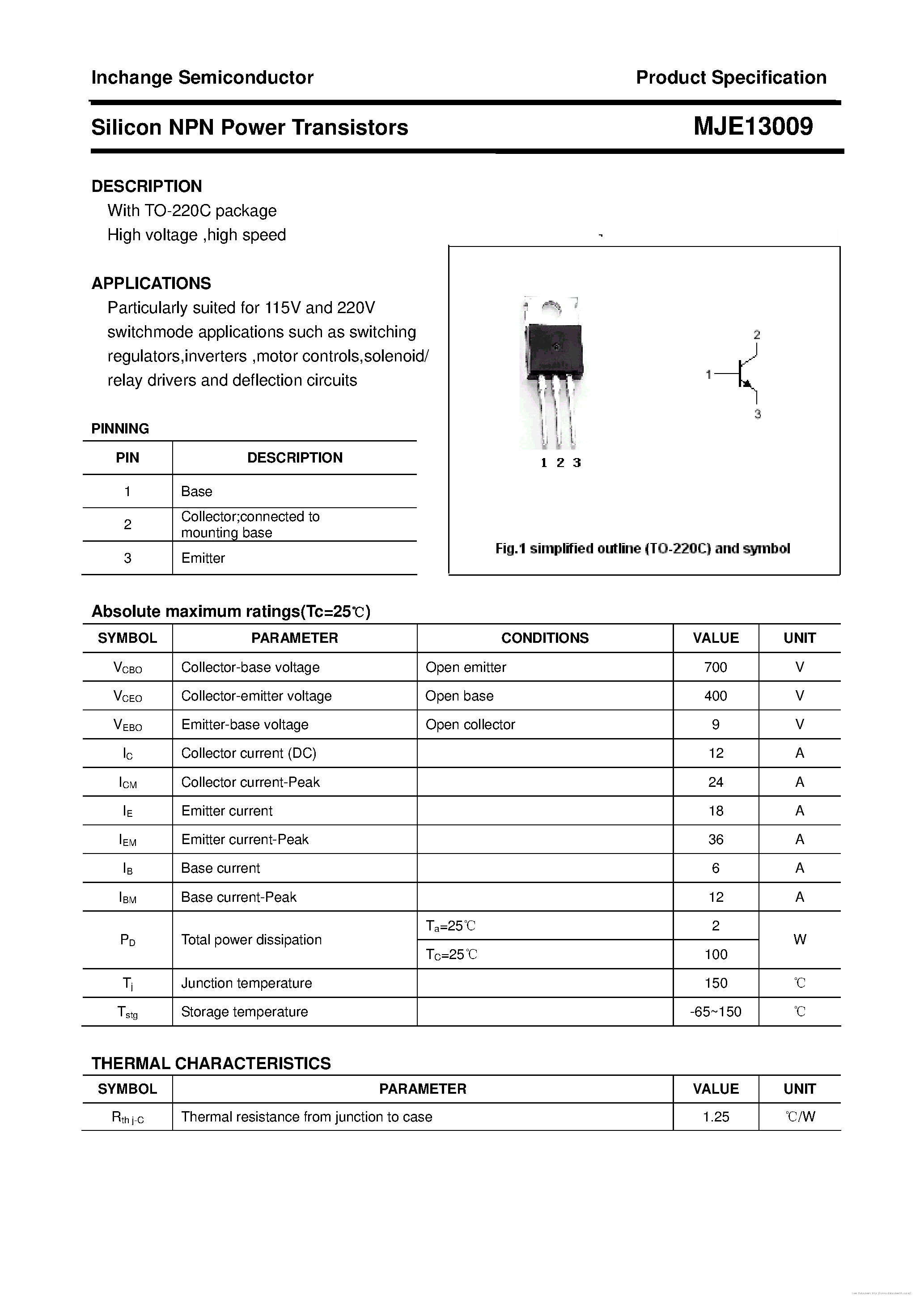 Даташит на микросхему MJE13009 страница 1 Даташит MJE13009 - страница 1