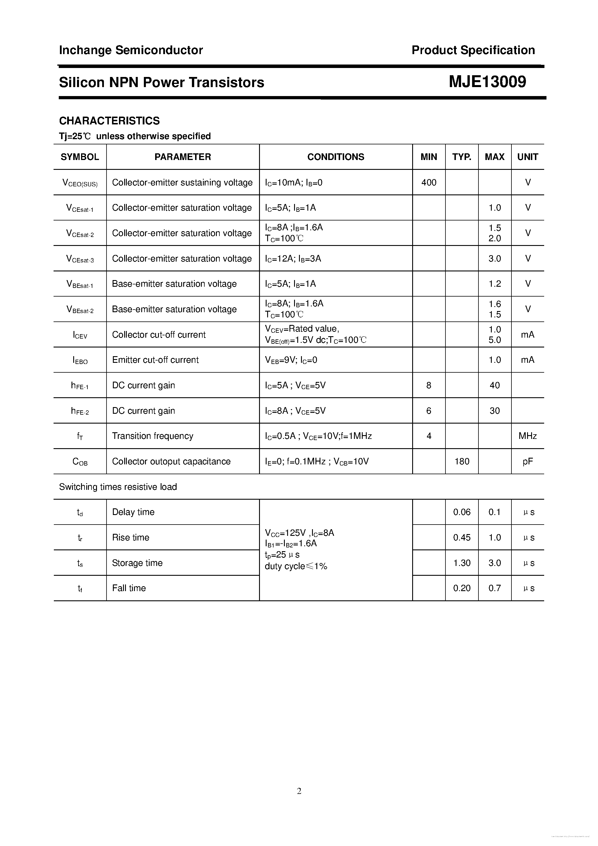 Даташит на микросхему MJE13009 страница 2 Даташит MJE13009 - страница 2