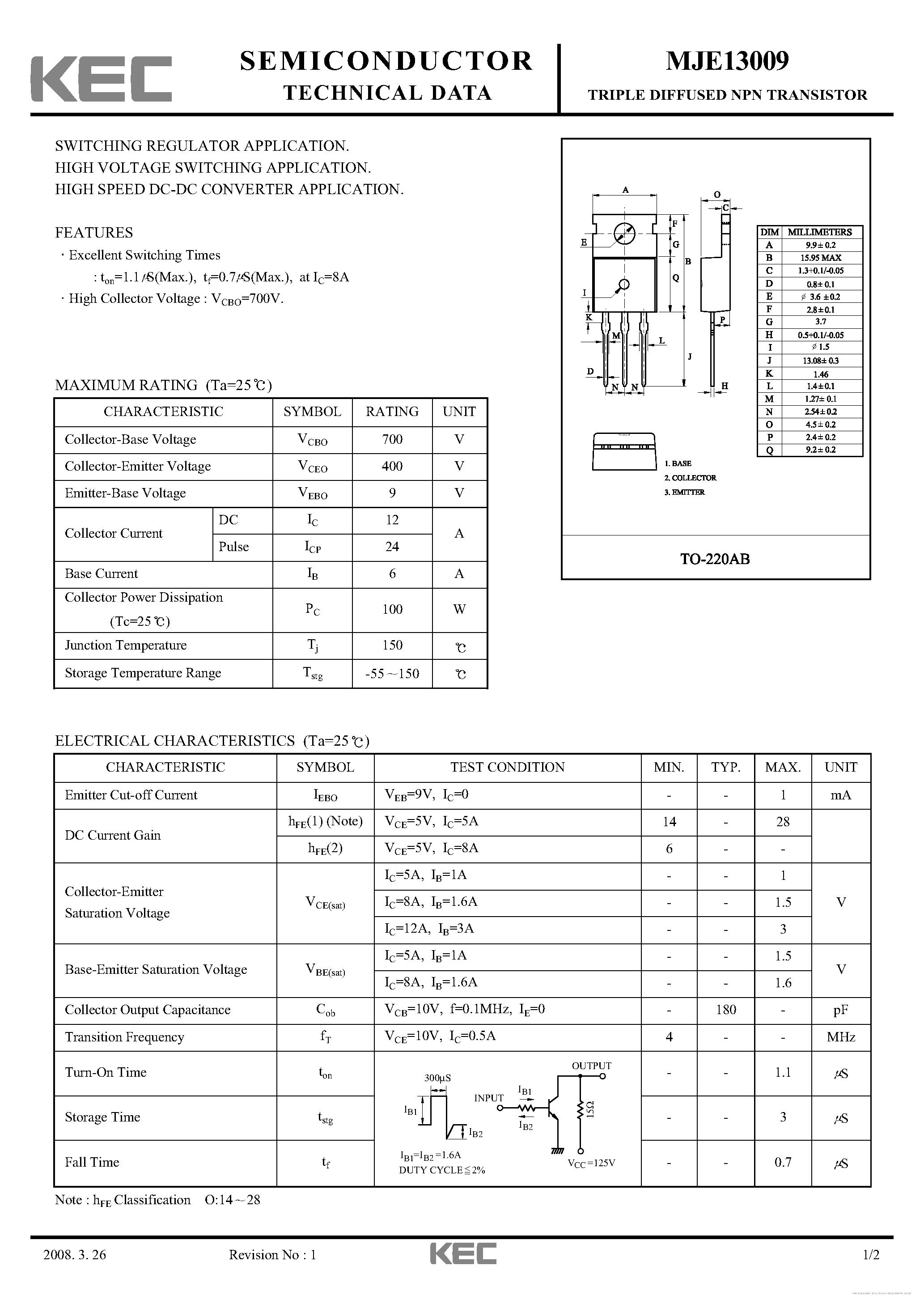 Даташит на микросхему MJE13009 страница 1 Даташит MJE13009 - страница 1