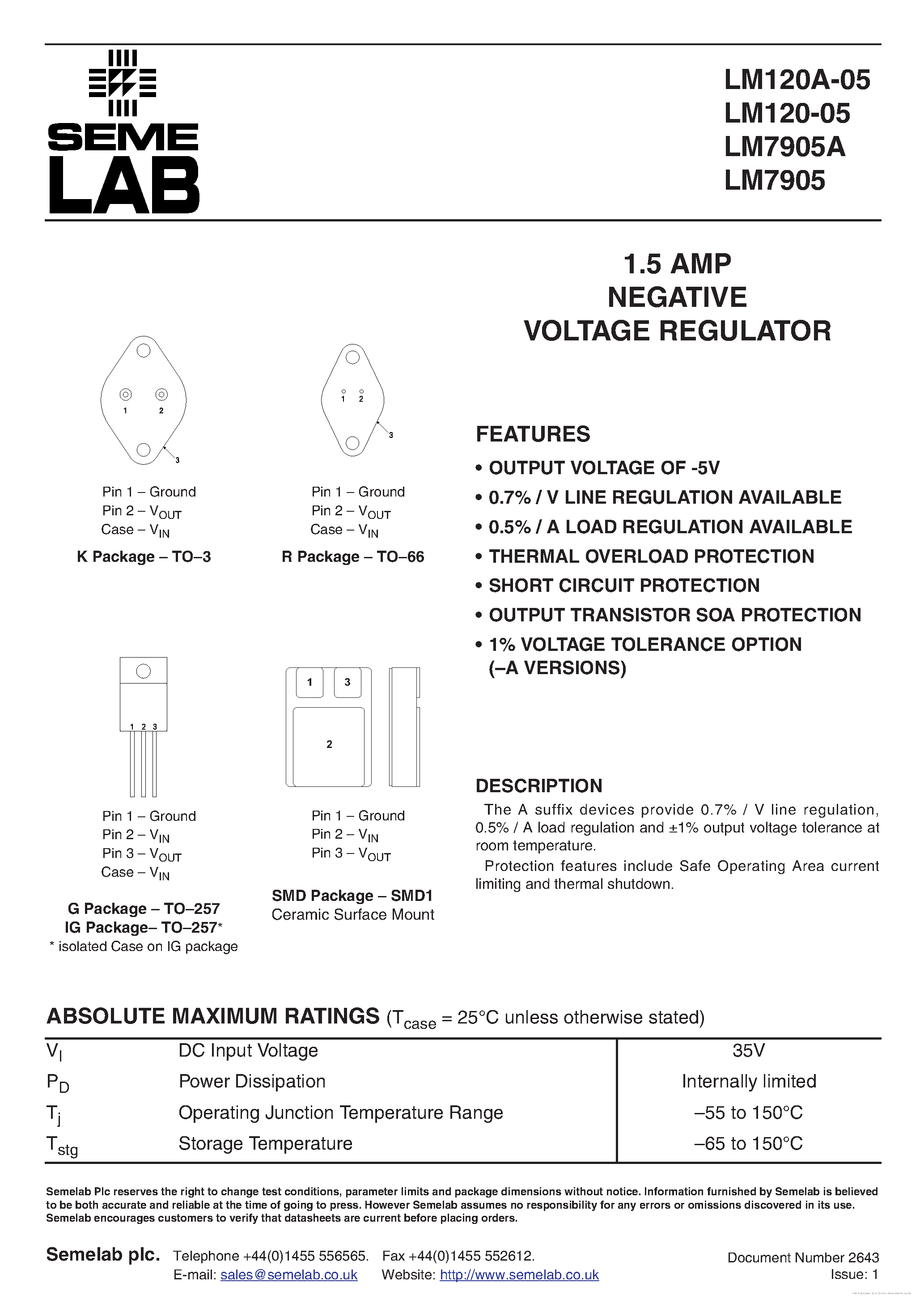 Datasheet LM7905 - page 1