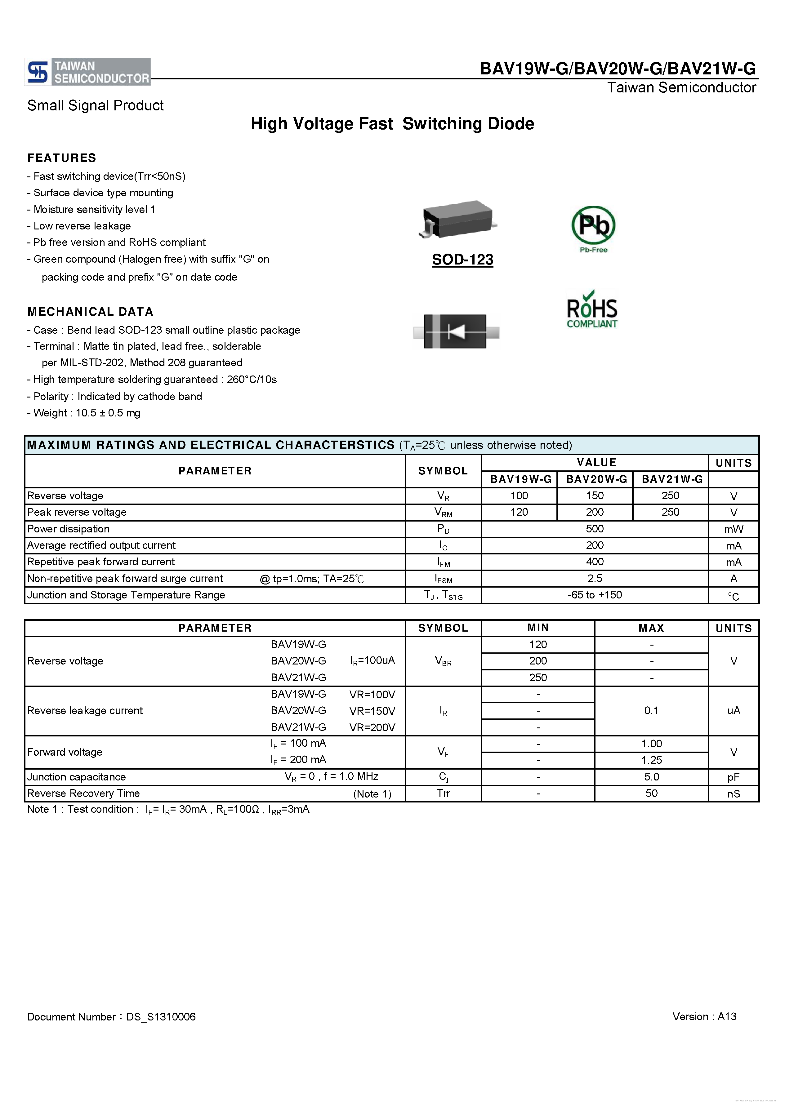 Даташит на микросхему BAV19W-G страница 1 Даташит BAV19W-G - страница 1