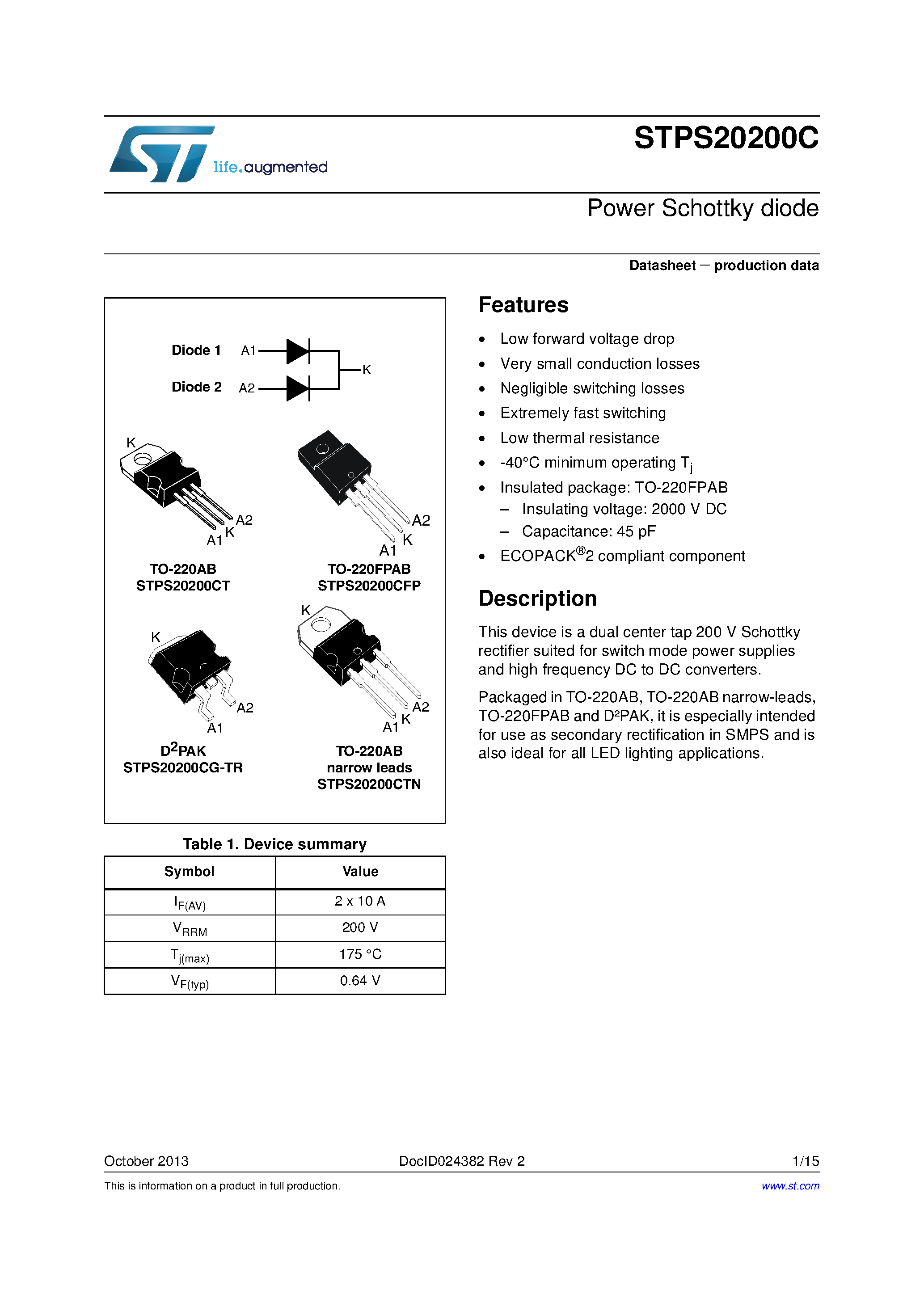 Datasheet STPS20200C - page 1