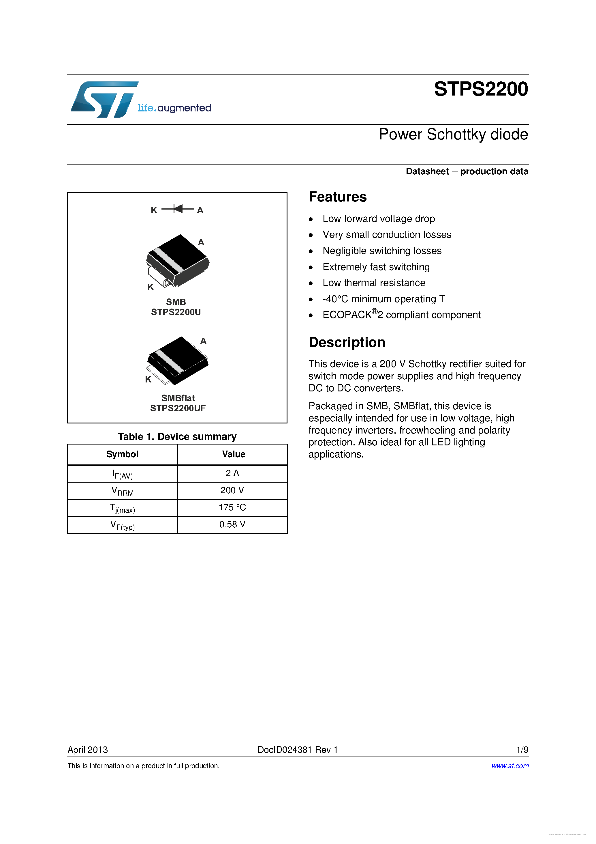 Datasheet STPS2200 - page 1