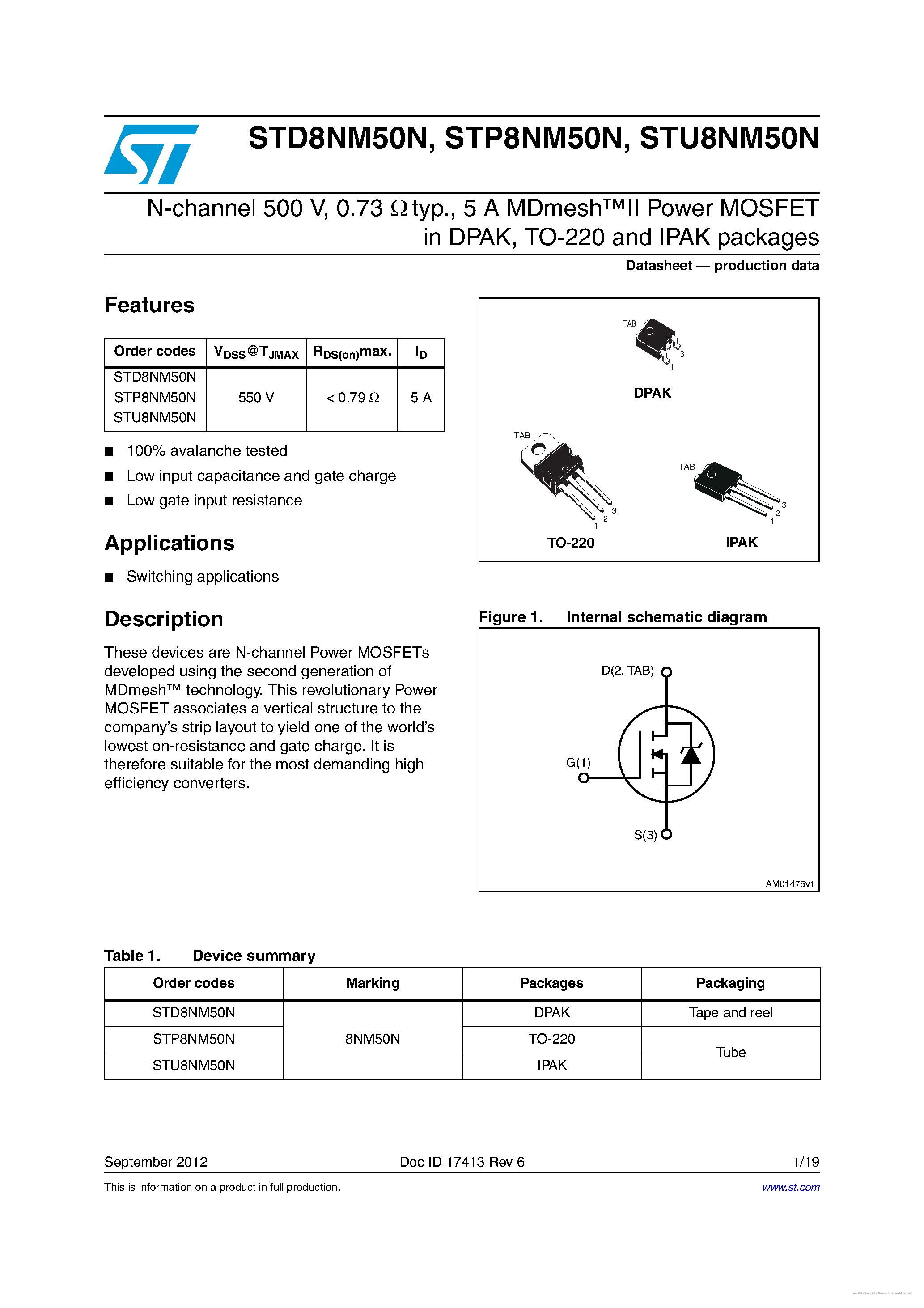 Datasheet STP8NM50N - page 1
