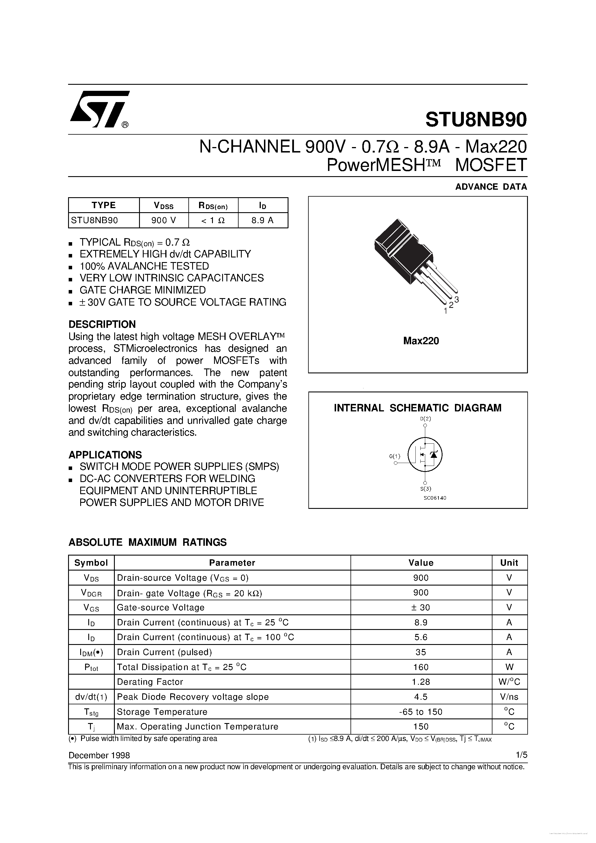 Datasheet STU8NB90 page 1 Datasheet STU8NB90 - page 1