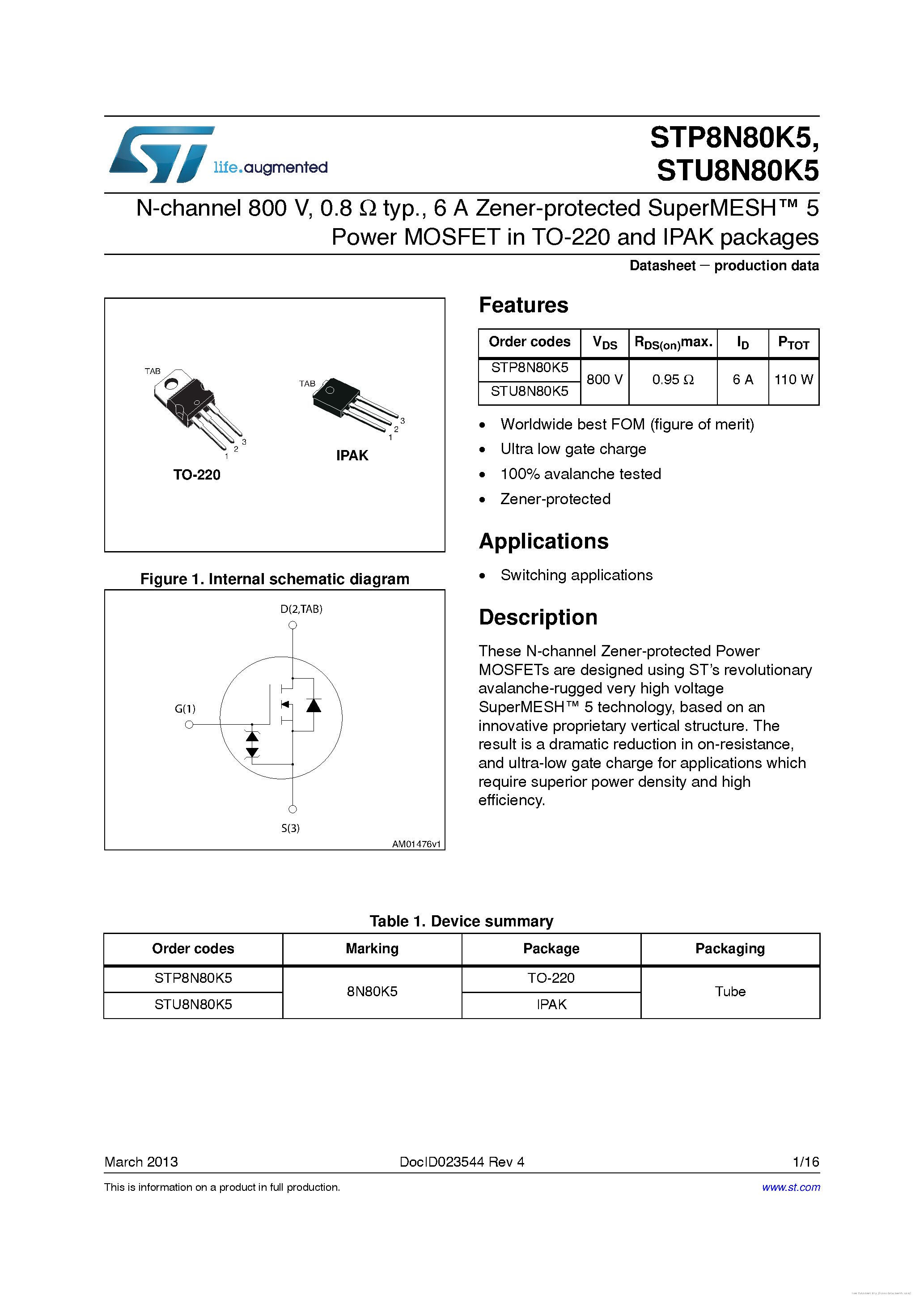 Datasheet STU8N80K5 page 1 Datasheet STU8N80K5 - page 1