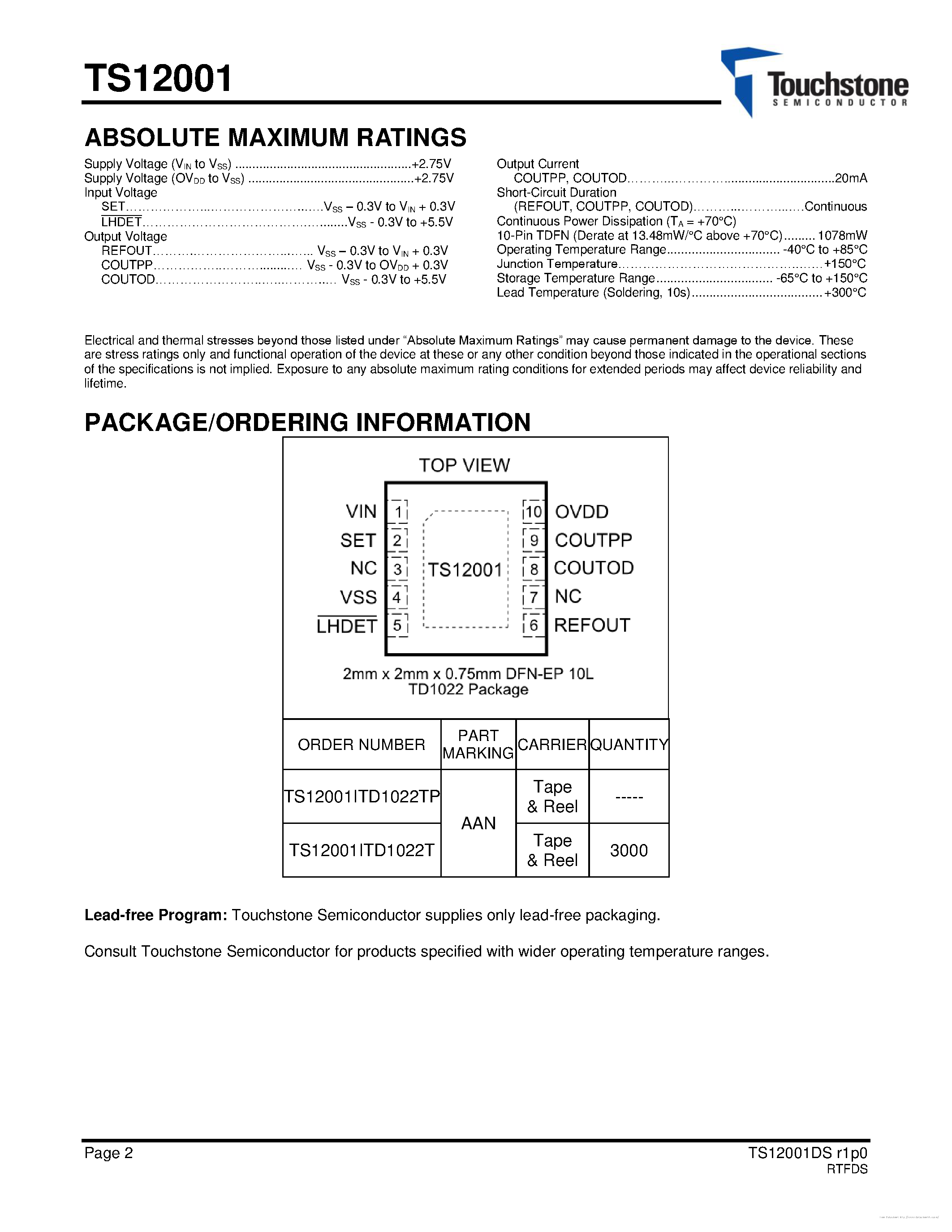 Даташит на микросхему TS12001 страница 2 Даташит TS12001 - страница 2