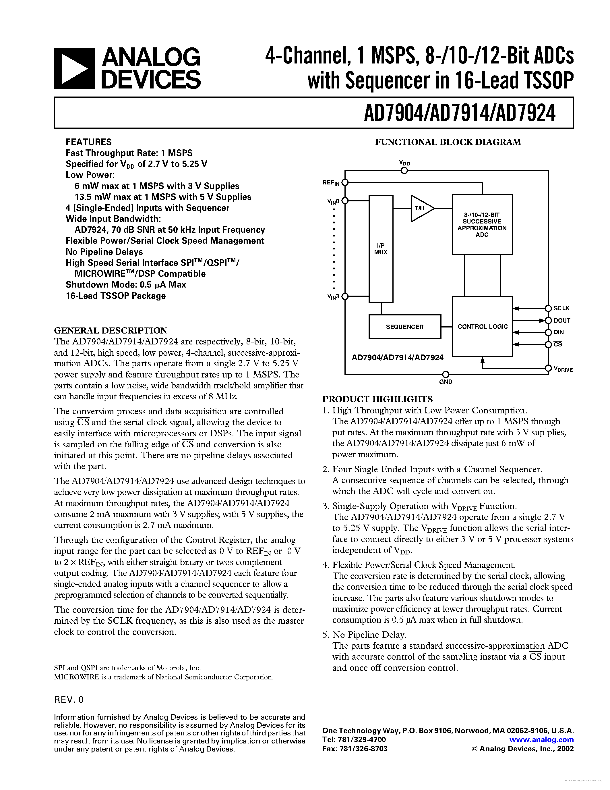 Даташит на микросхему AD7904 страница 1 Даташит AD7904 - страница 1