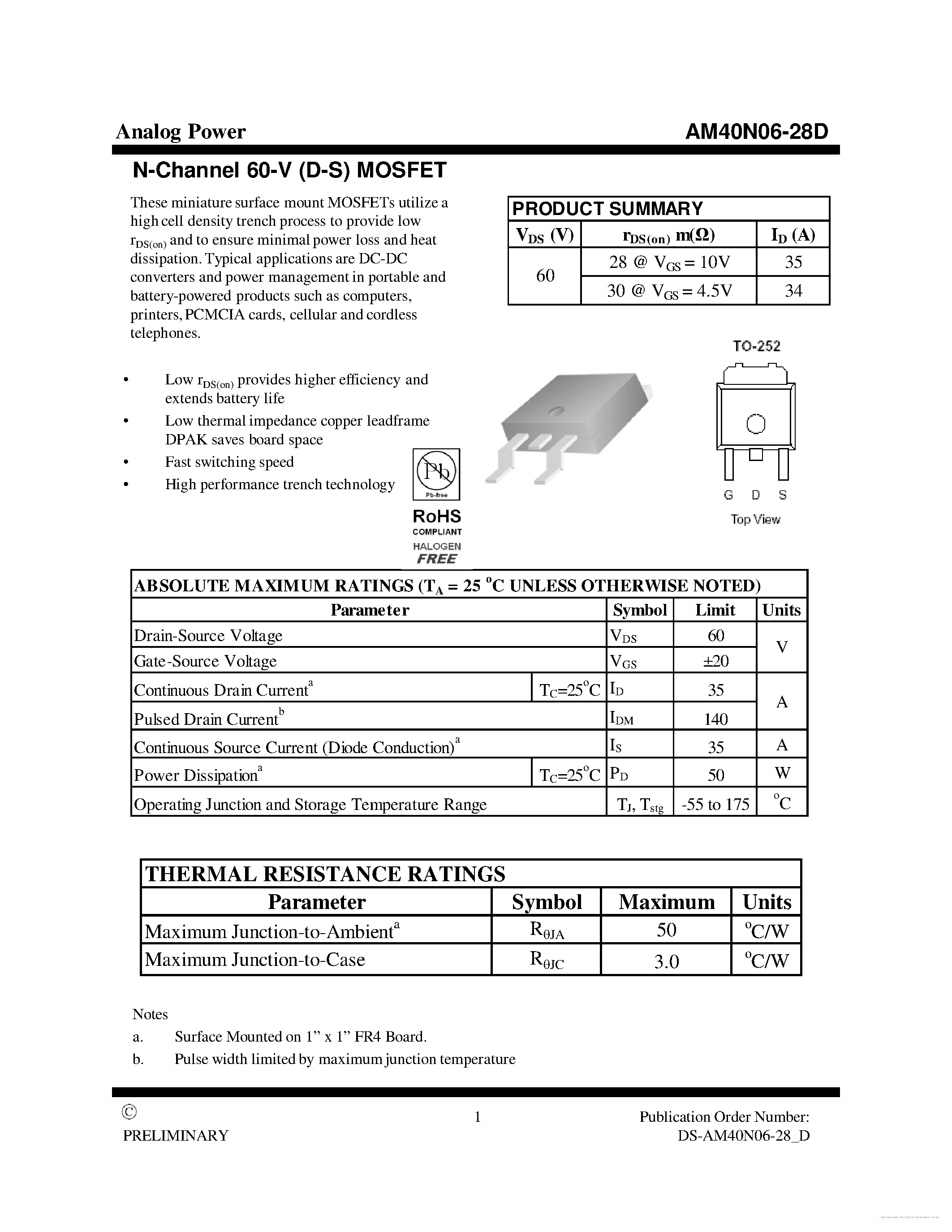 Даташит AM40N06-28D - страница 1