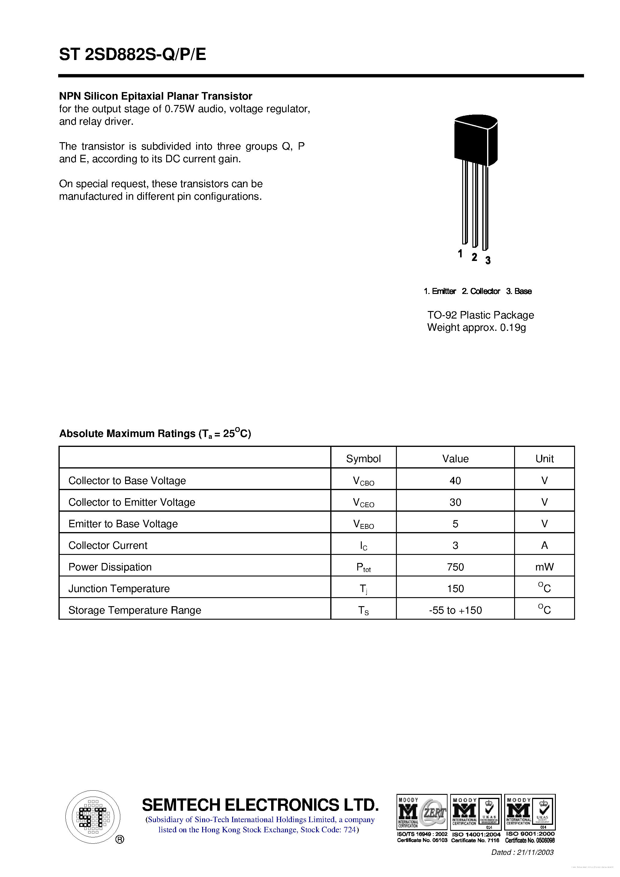 Datasheet ST2SD882S-E - page 1