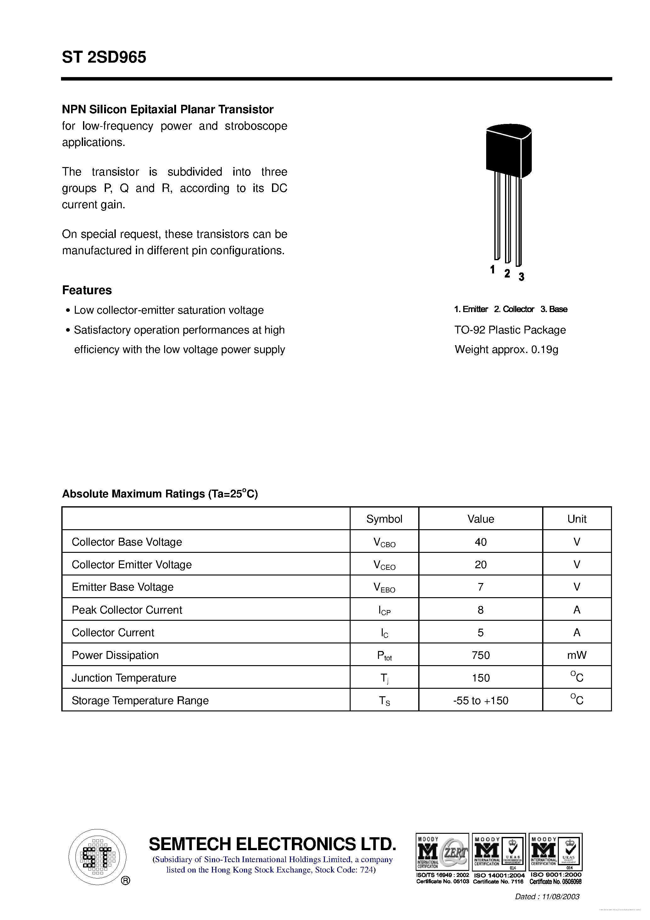 Datasheet ST2SD965 - page 1