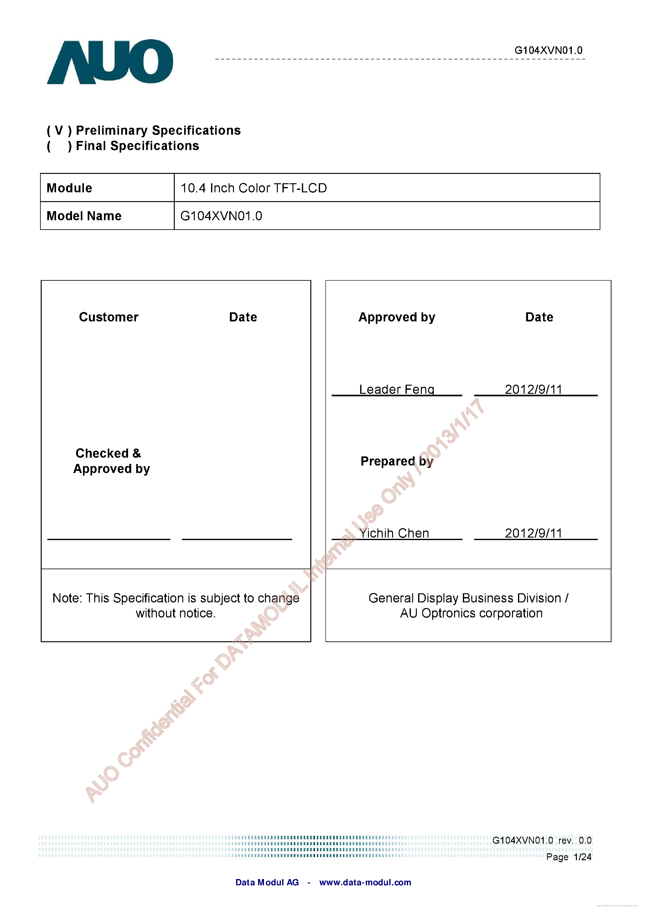 Datasheet G104XVN01.0 page 2 Datasheet G104XVN01.0 - page 2