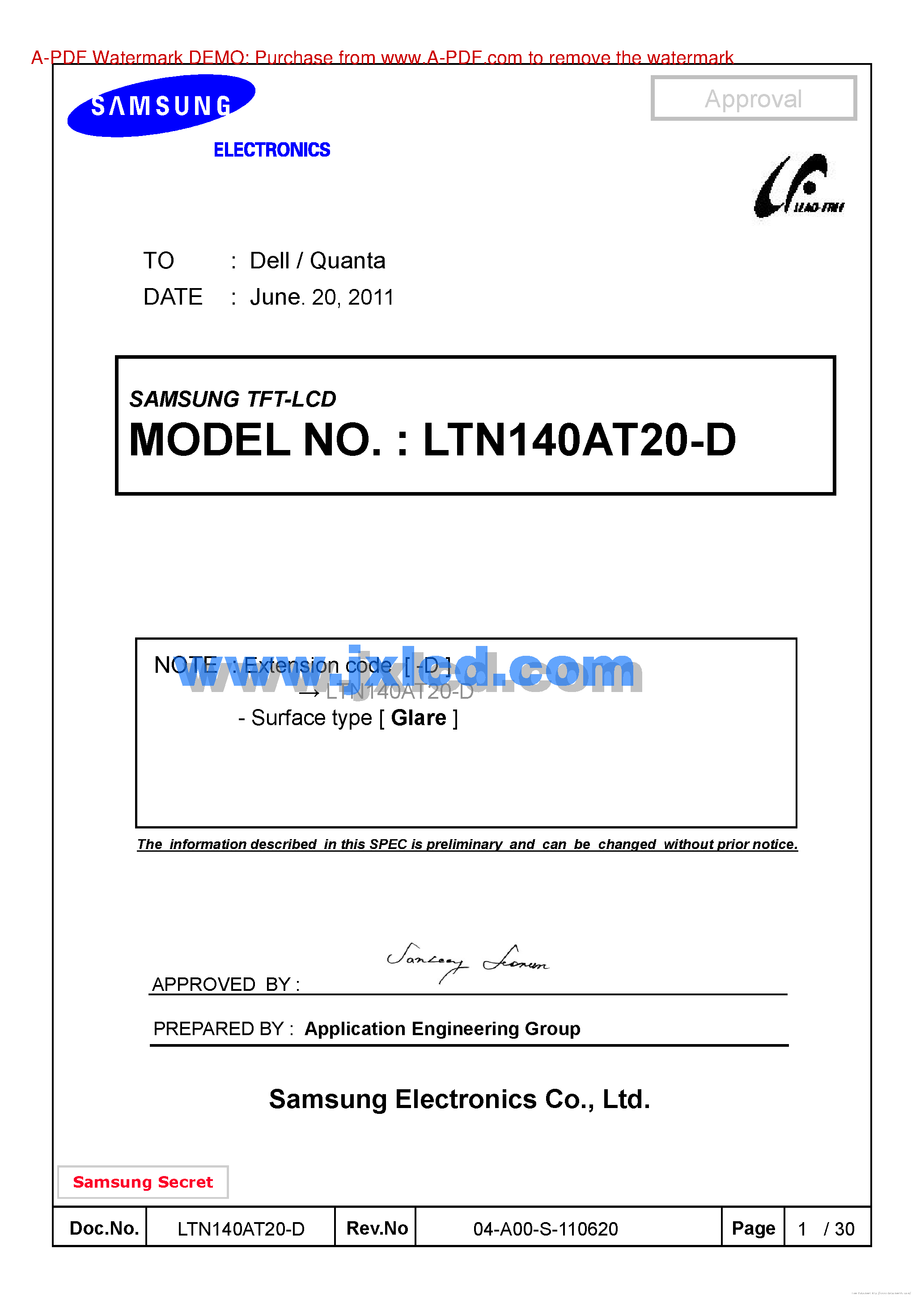 Datasheet LTN140AT20-D - page 1