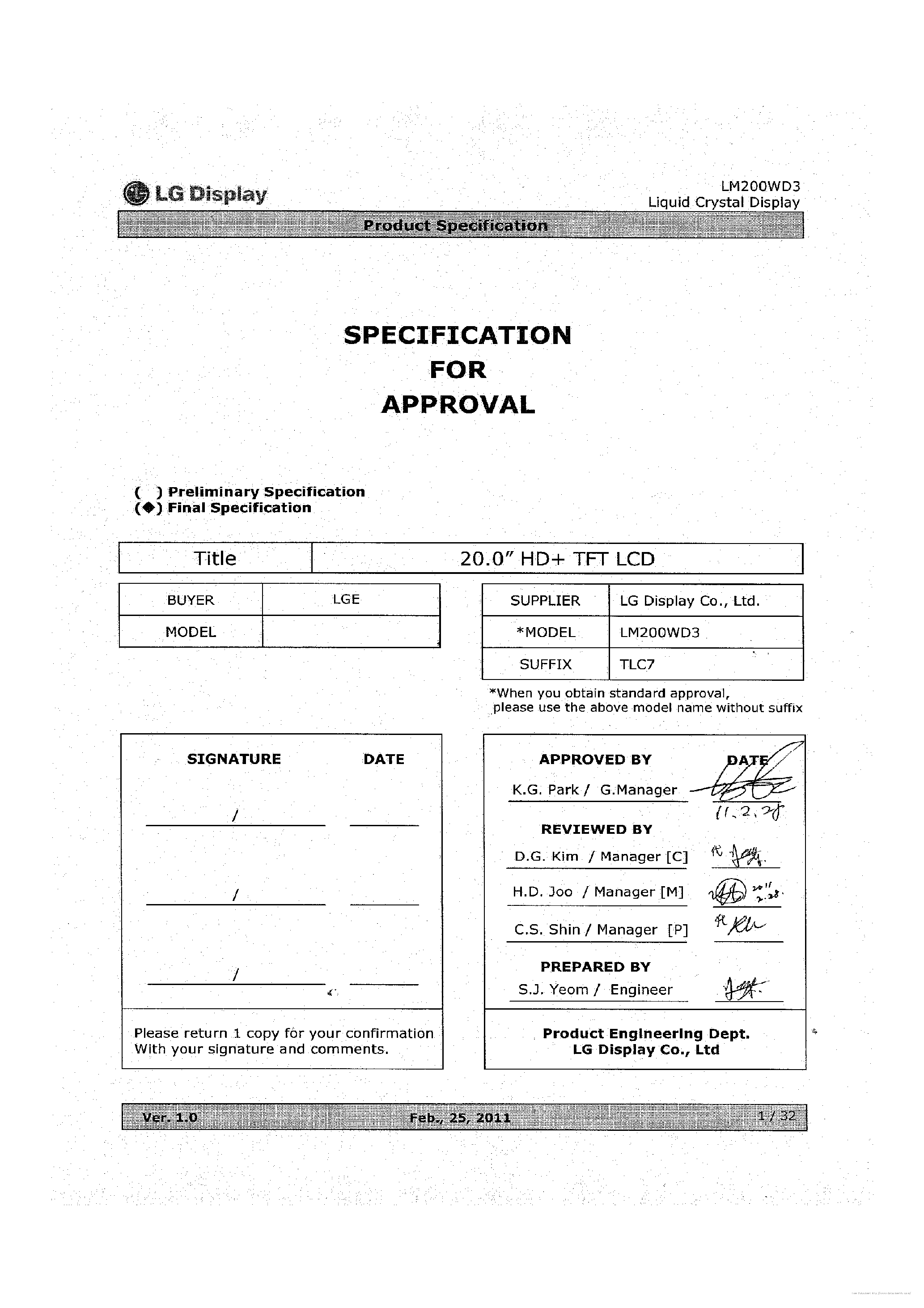 Даташит на микросхему LM200WD3-TLC7 страница 1 Даташит LM200WD3-TLC7 - страница 1