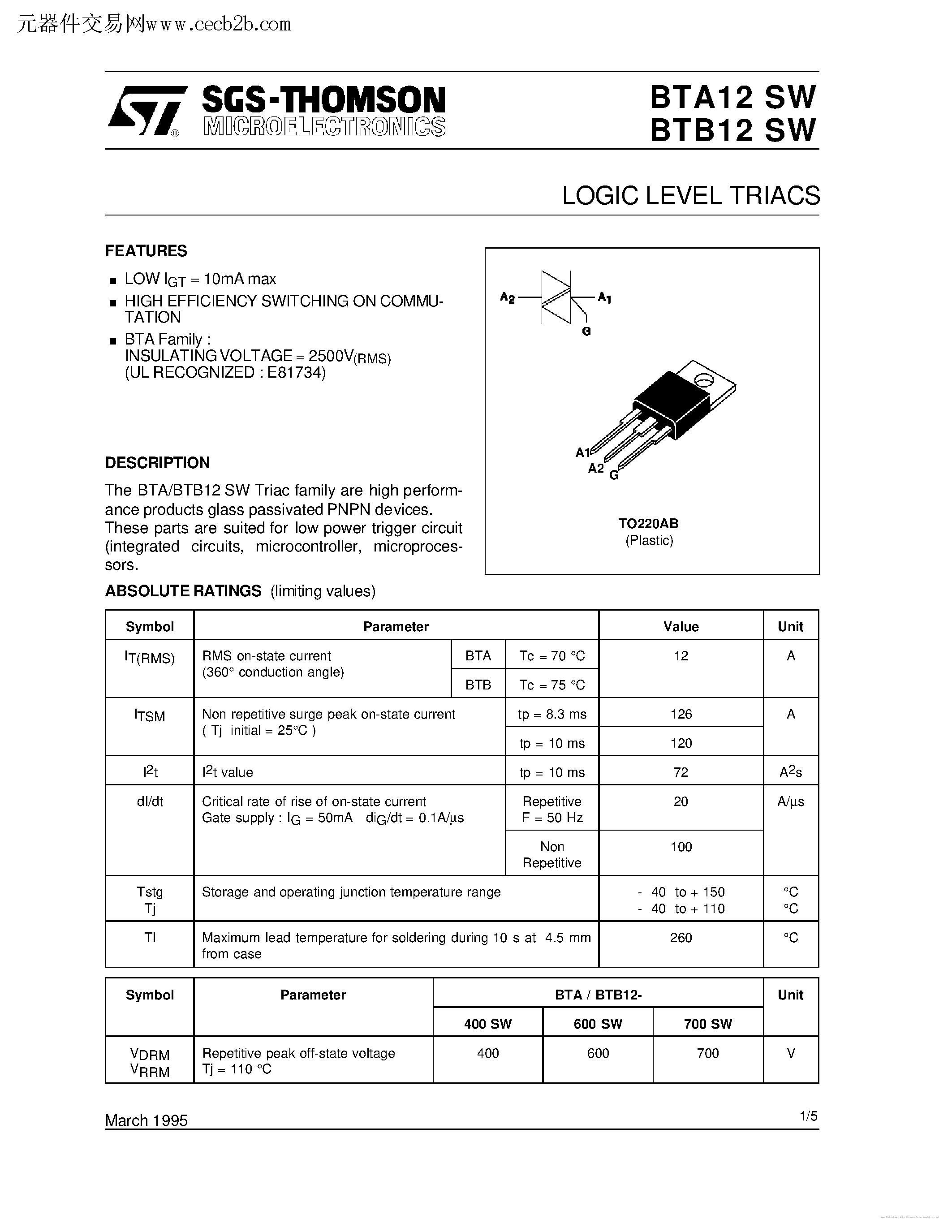 Datasheet BTB12-400SW - page 1