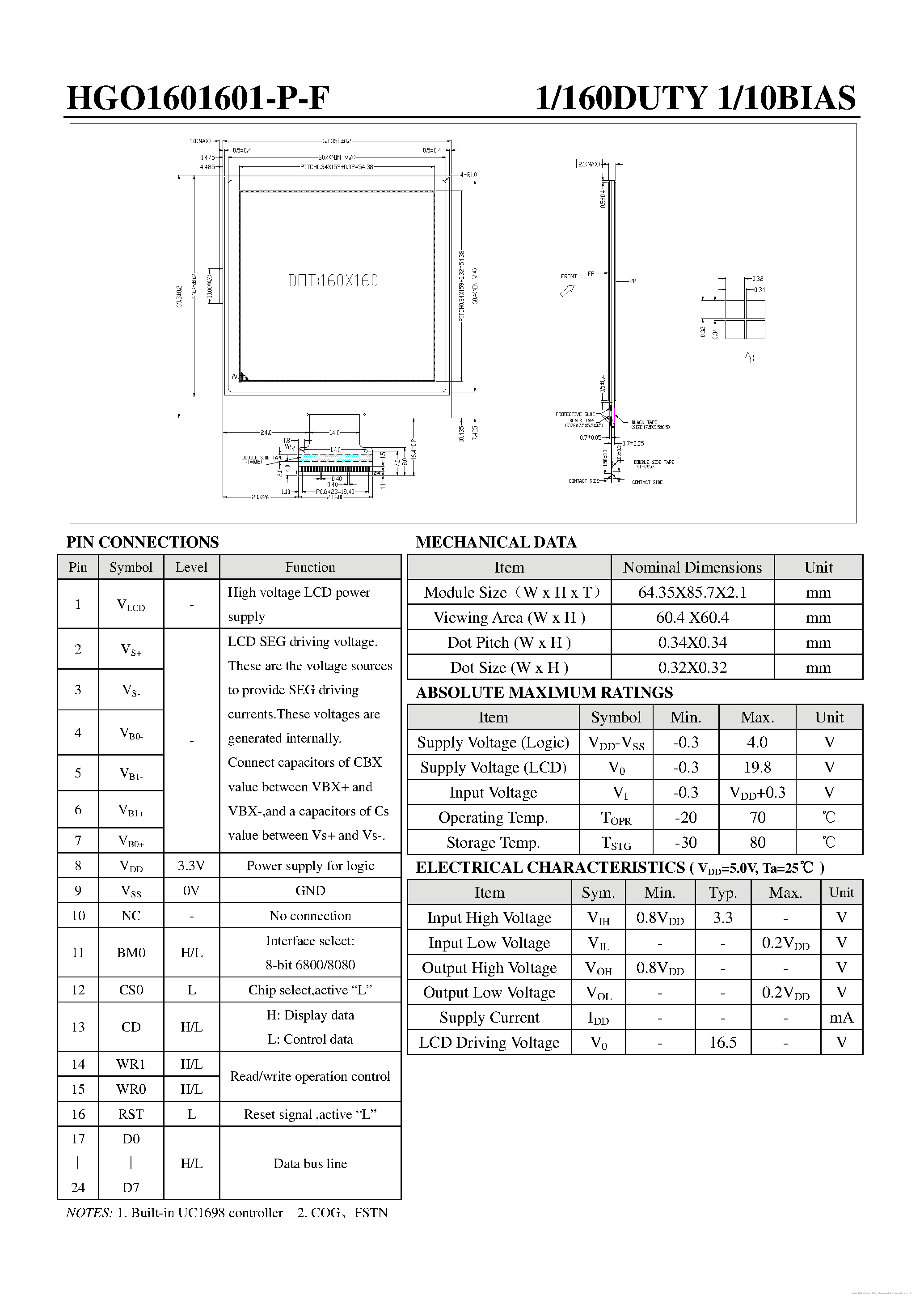 Datasheet HGO1601601-P-F page 1 Datasheet HGO1601601-P-F - page 1
