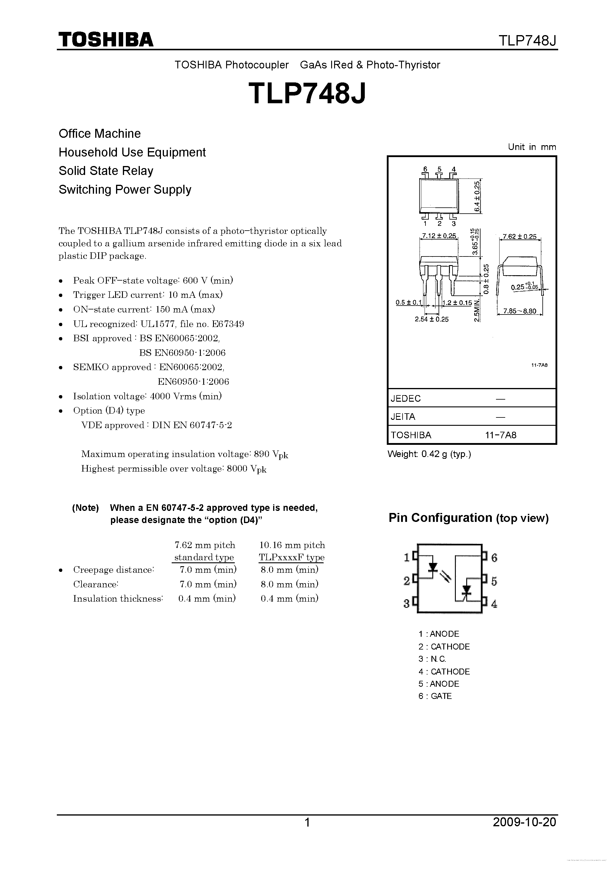 Даташит на микросхему TLP748J страница 1 Даташит TLP748J - страница 1