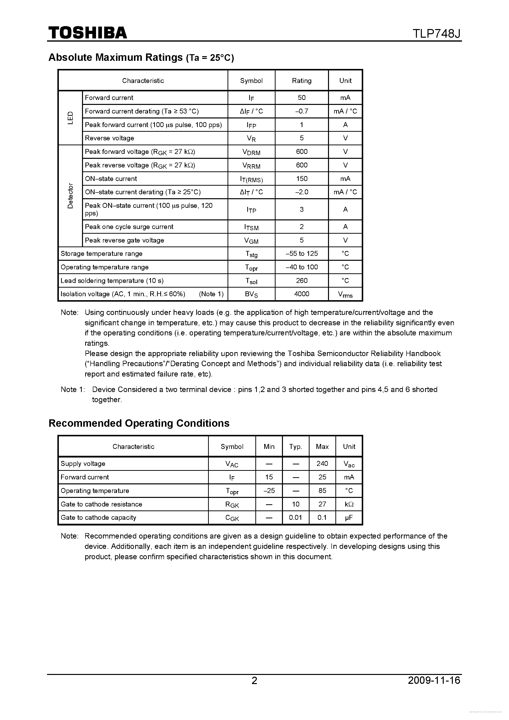 Даташит на микросхему TLP748J страница 2 Даташит TLP748J - страница 2