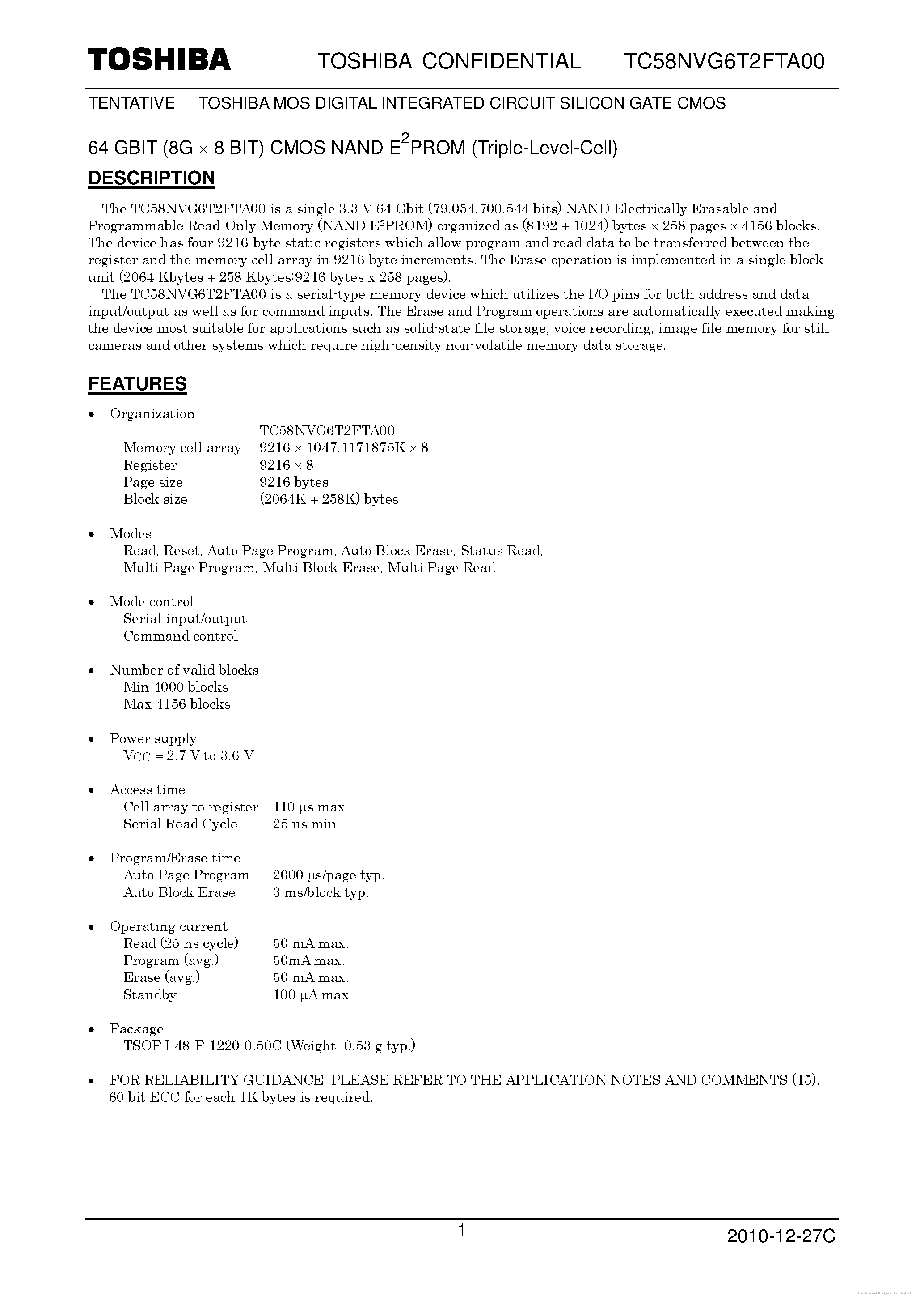Datasheet TC58NVG6T2FTA00 page 1 Datasheet TC58NVG6T2FTA00 - page 1