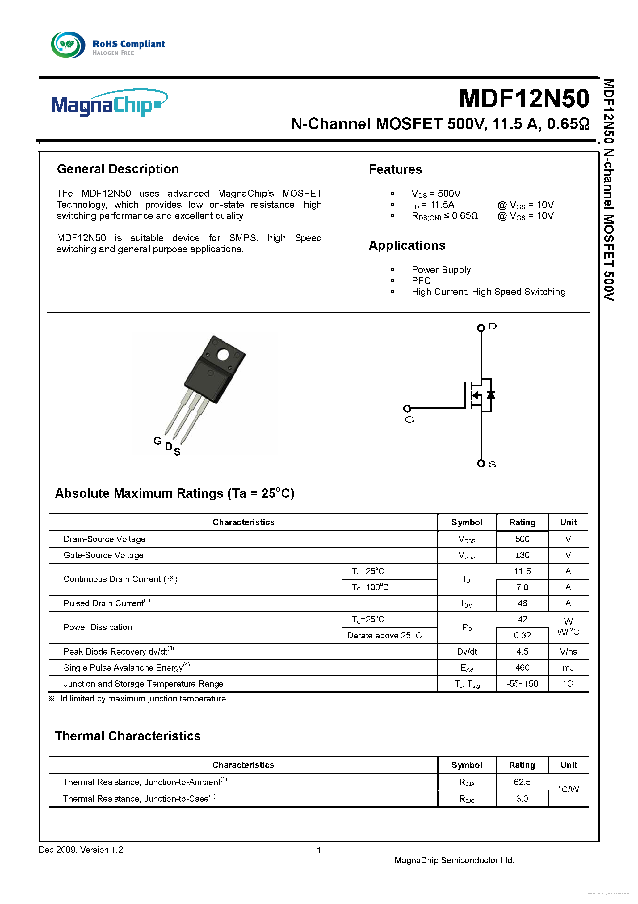 Даташит на микросхему MDF12N50 страница 1 Даташит MDF12N50 - страница 1