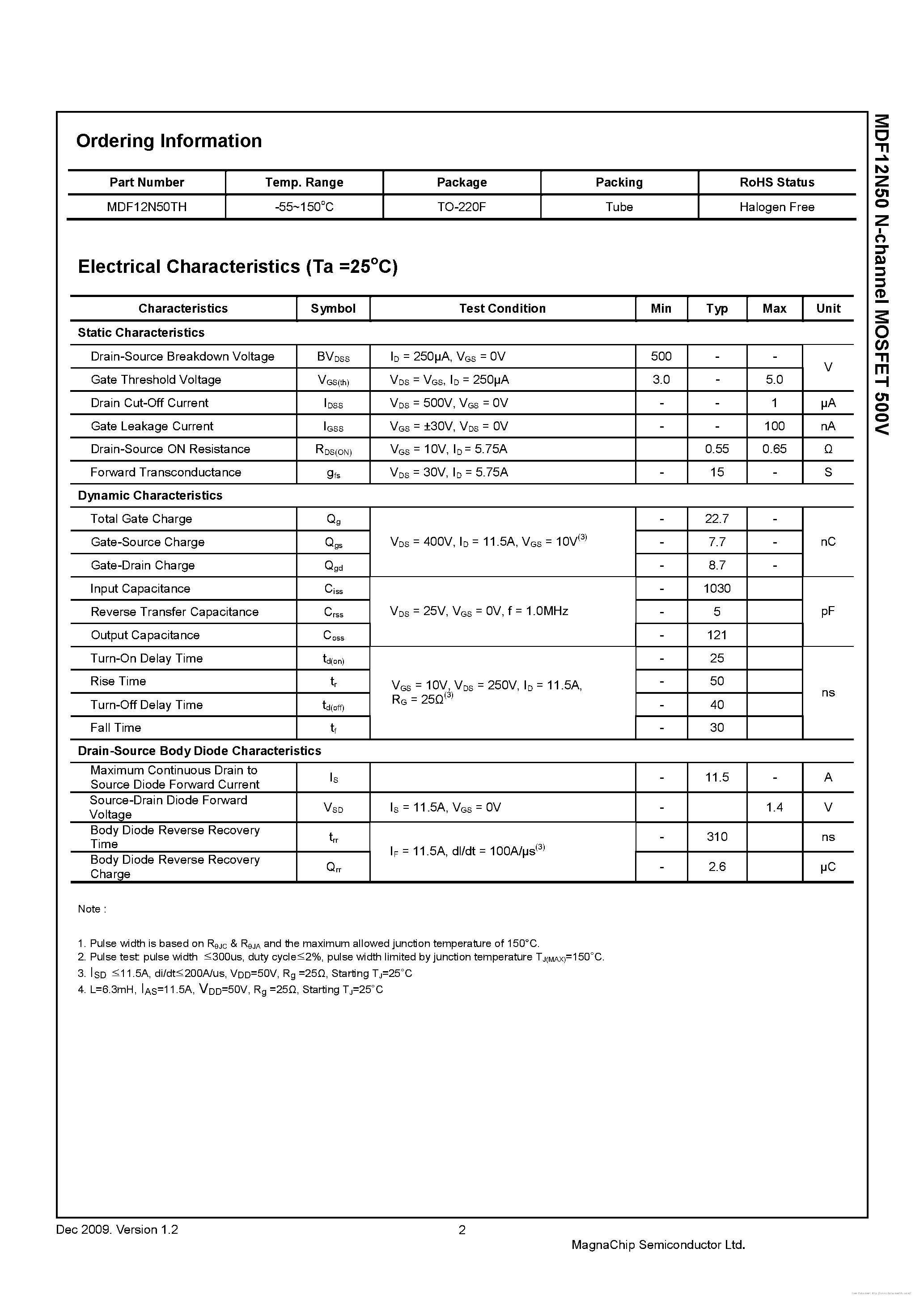 Даташит на микросхему MDF12N50 страница 2 Даташит MDF12N50 - страница 2