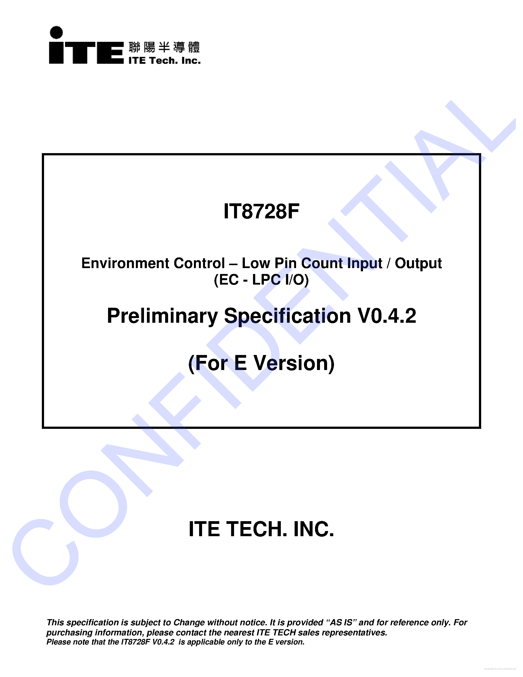 Datasheet IT8728F page 1 Datasheet IT8728F - page 1