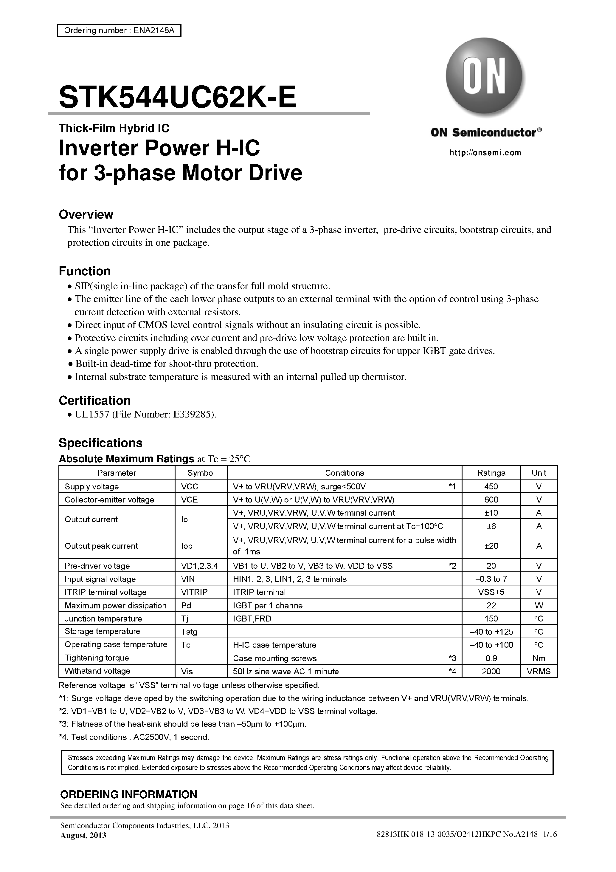 Даташит на микросхему STK544UC62K-E страница 1 Даташит STK544UC62K-E - страница 1