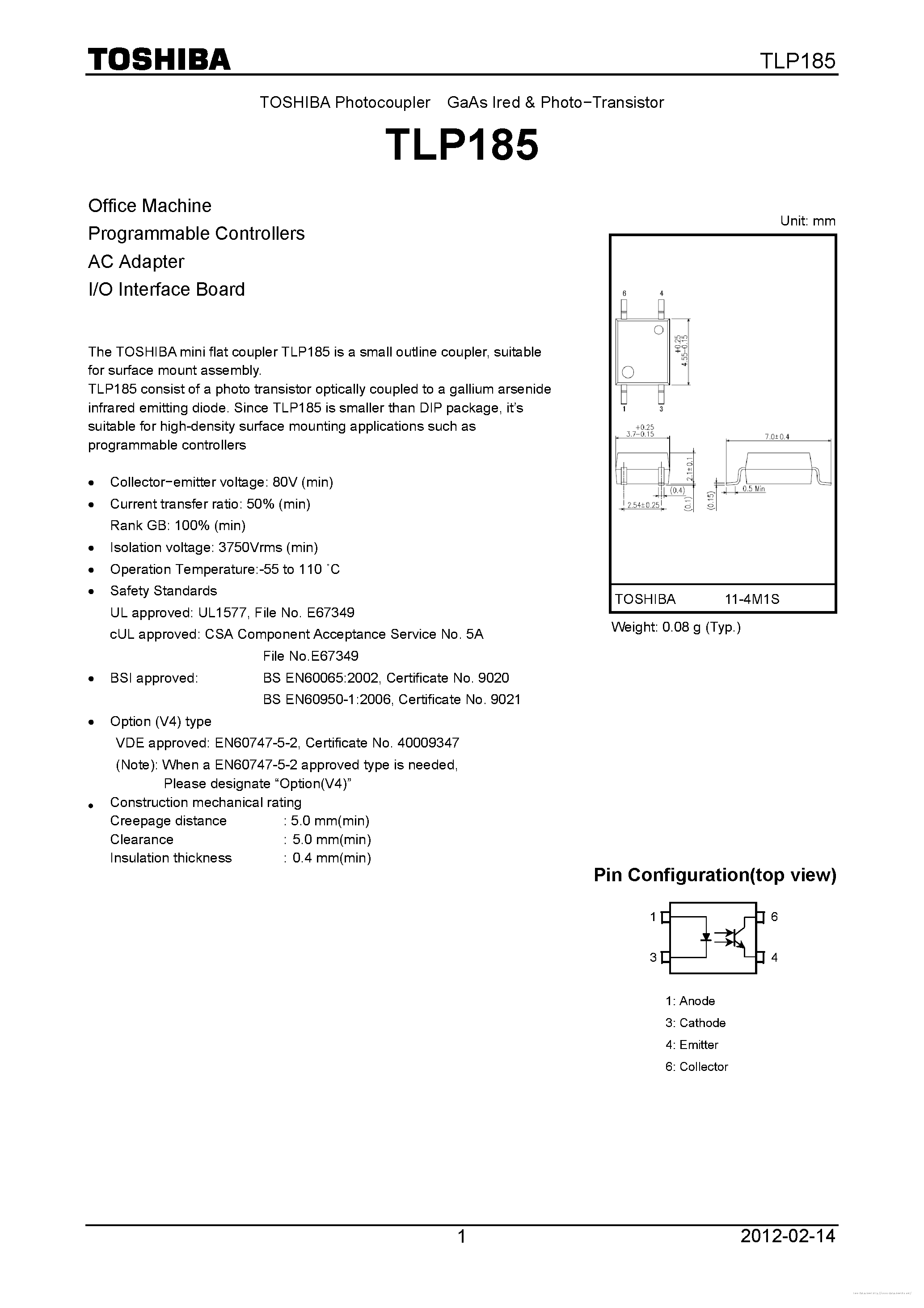 Datasheet TLP185 page 1 Datasheet TLP185 - page 1