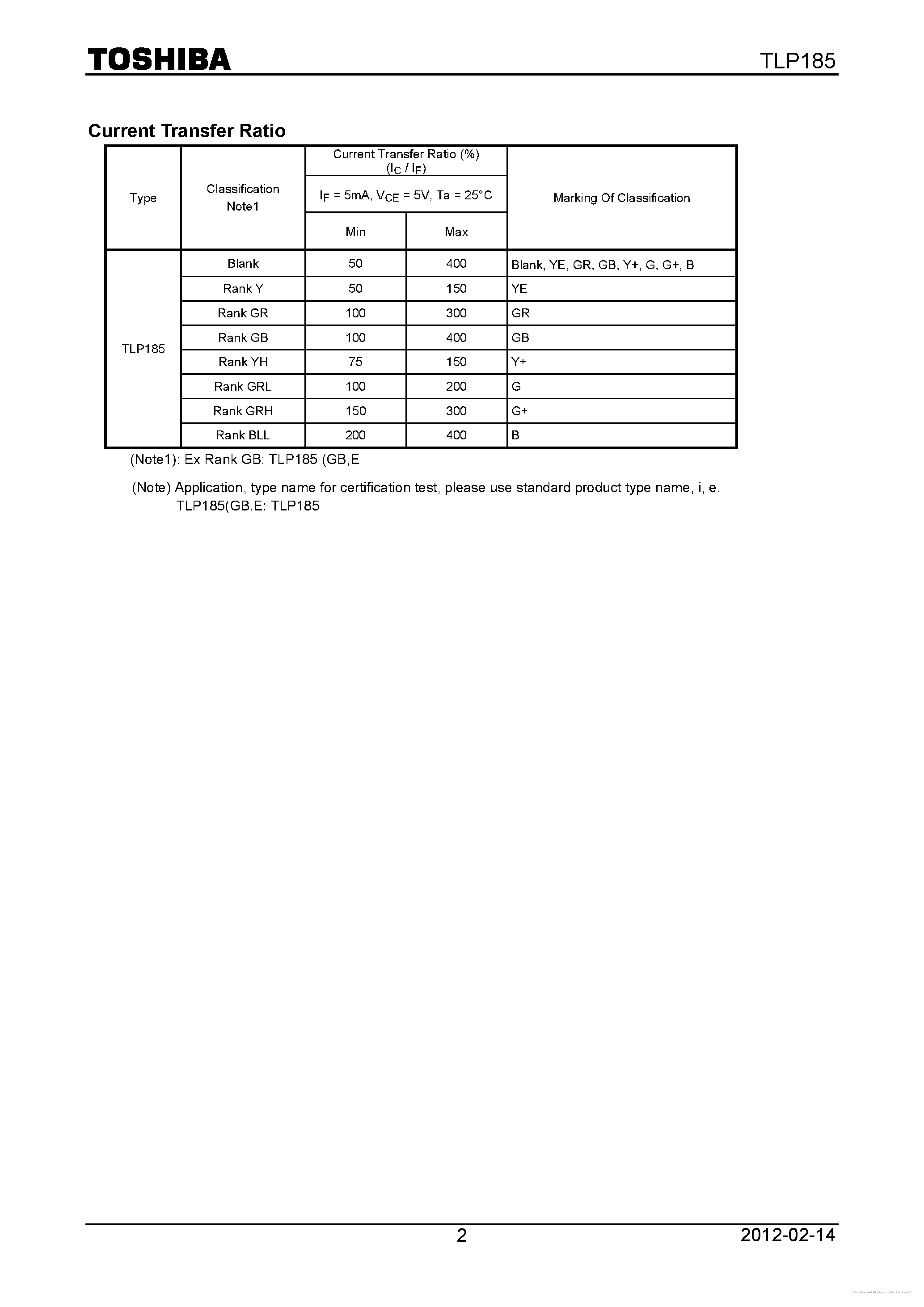 Datasheet TLP185 page 2 Datasheet TLP185 - page 2