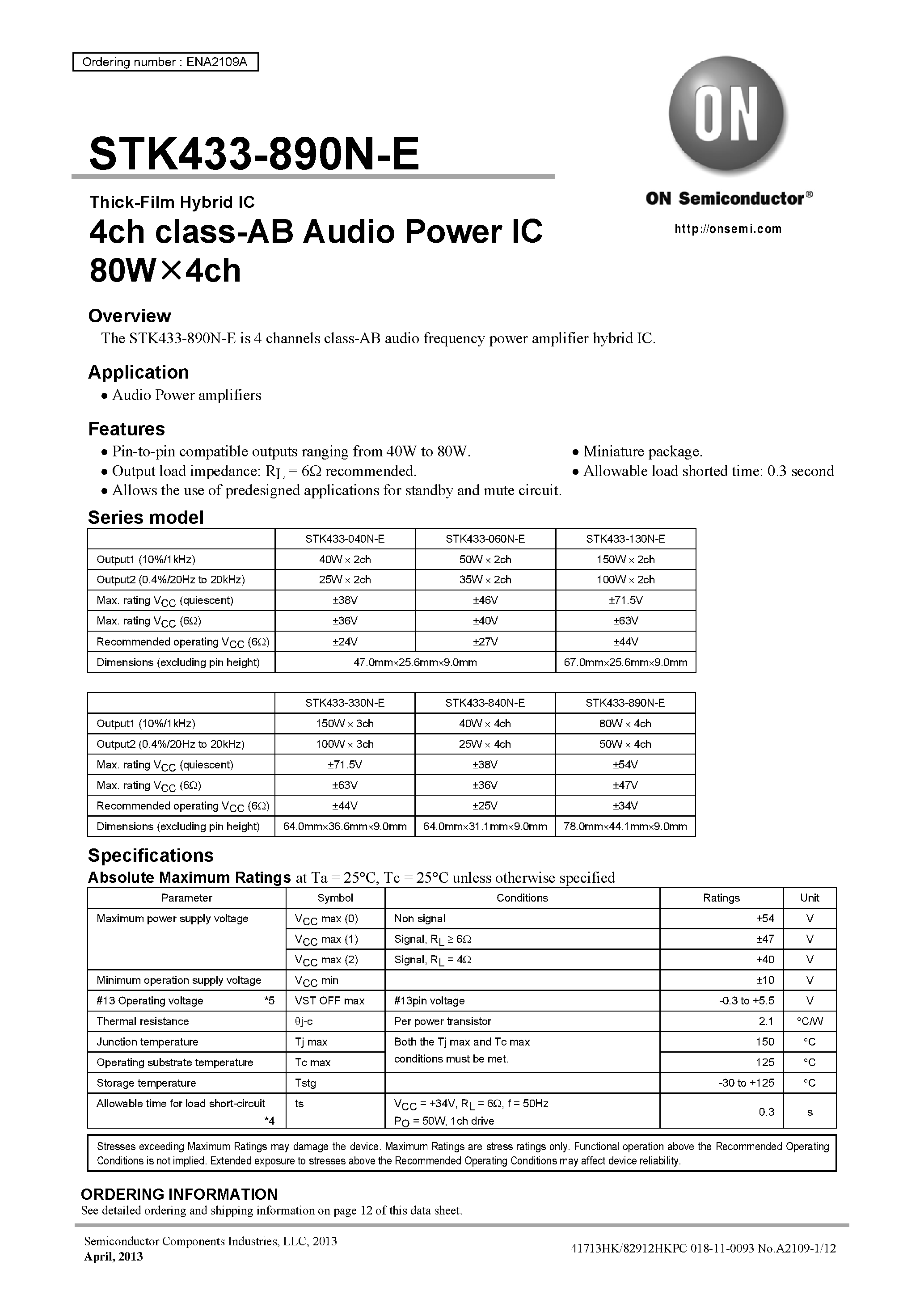 Даташит на микросхему STK433-890N-E страница 1 Даташит STK433-890N-E - страница 1